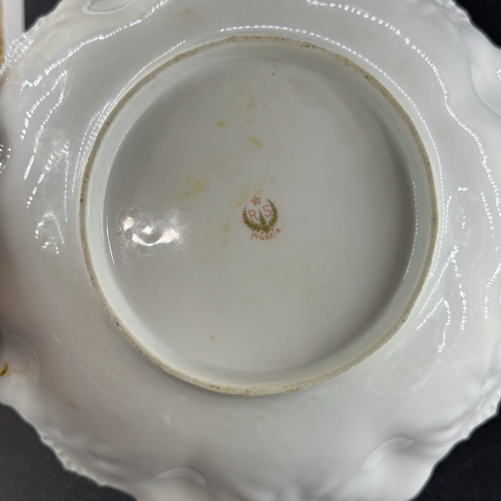 Antique RS Prussia Rare Shell & Fan Mold 10” Bowl Pink Floral Bouquet