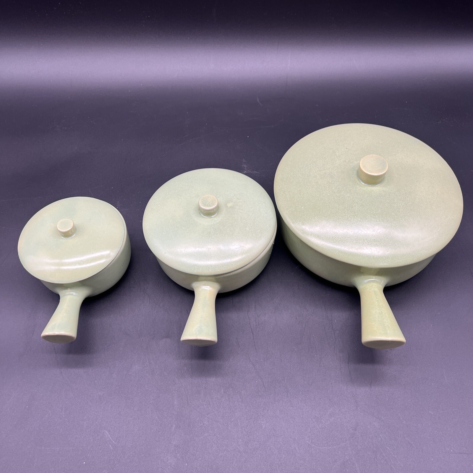 Vtg MCM La Solana Pottery Mint Green Set Of 3 Round Casserole Bowls Pots Lids