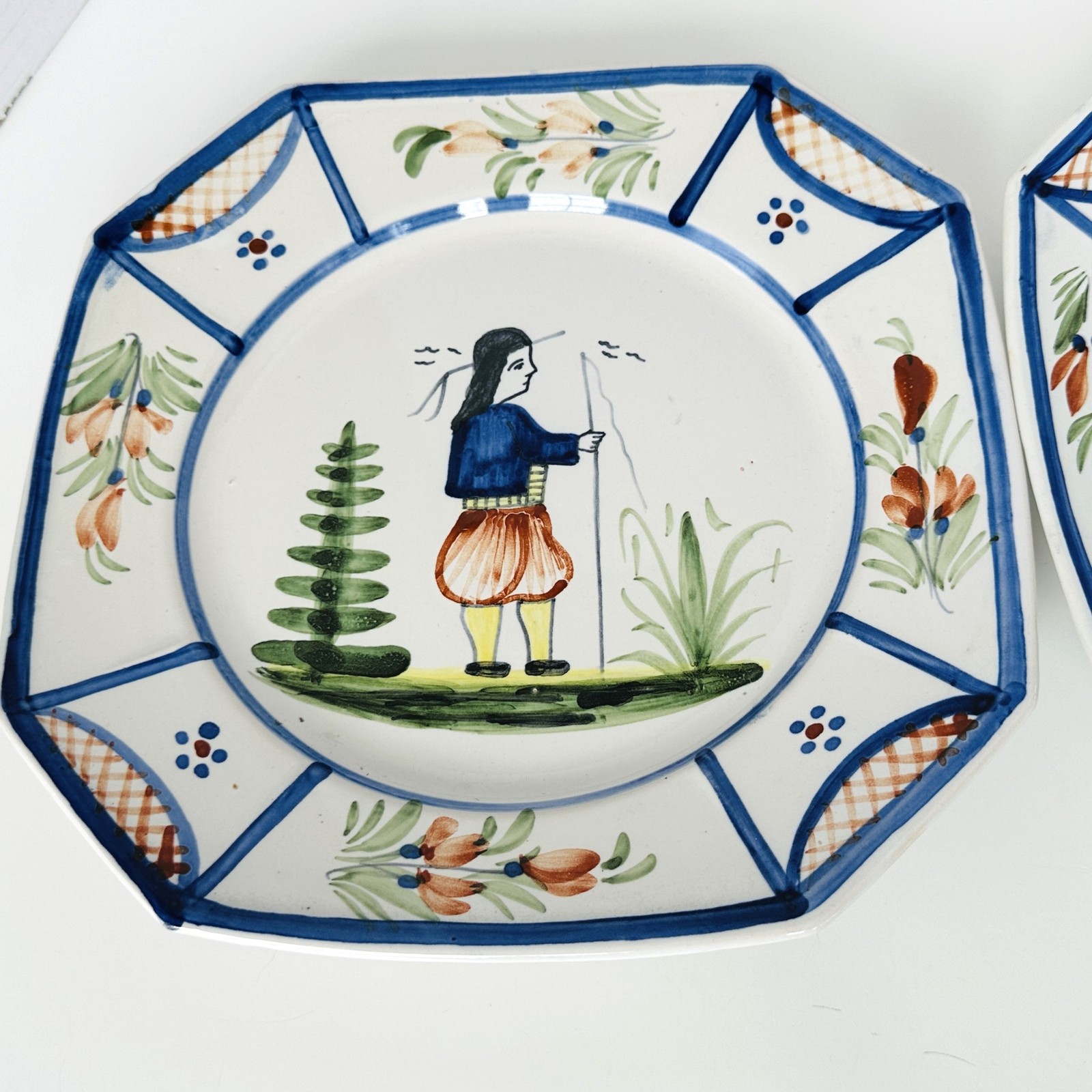 HB Quimper MISTRAL BLUE Matched Set 2 Octagonal Luncheon Plates 9.25″