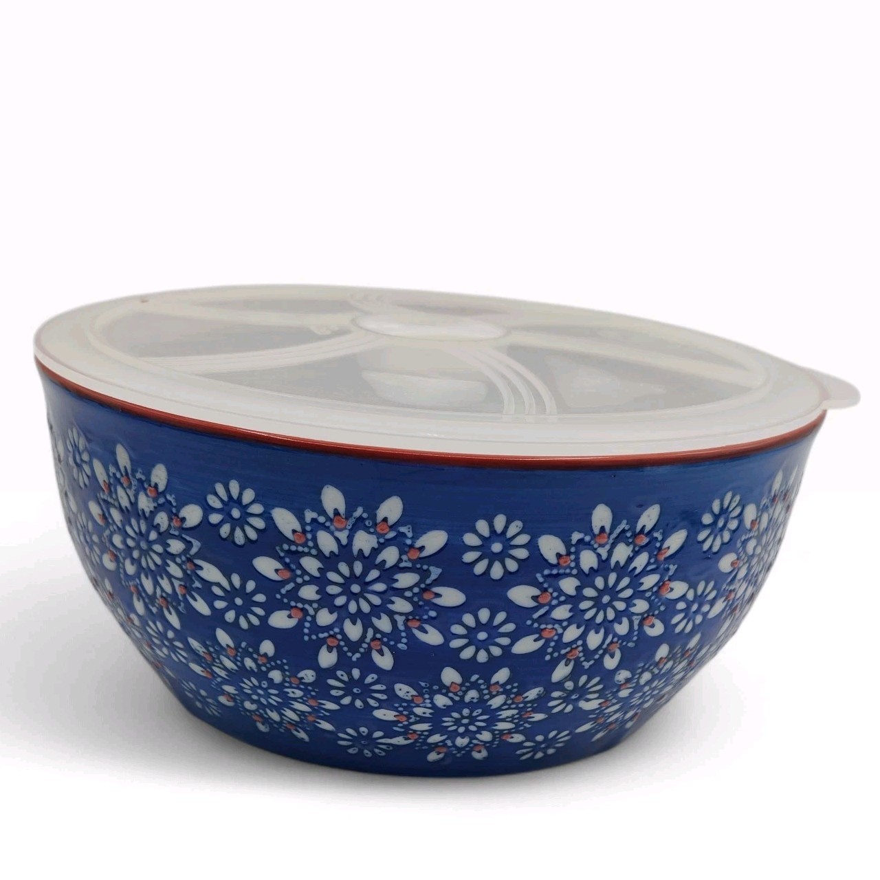 VTG Yokohama Studio Blue White Red Floral Hand Painted Ceramic Bowl w Lid