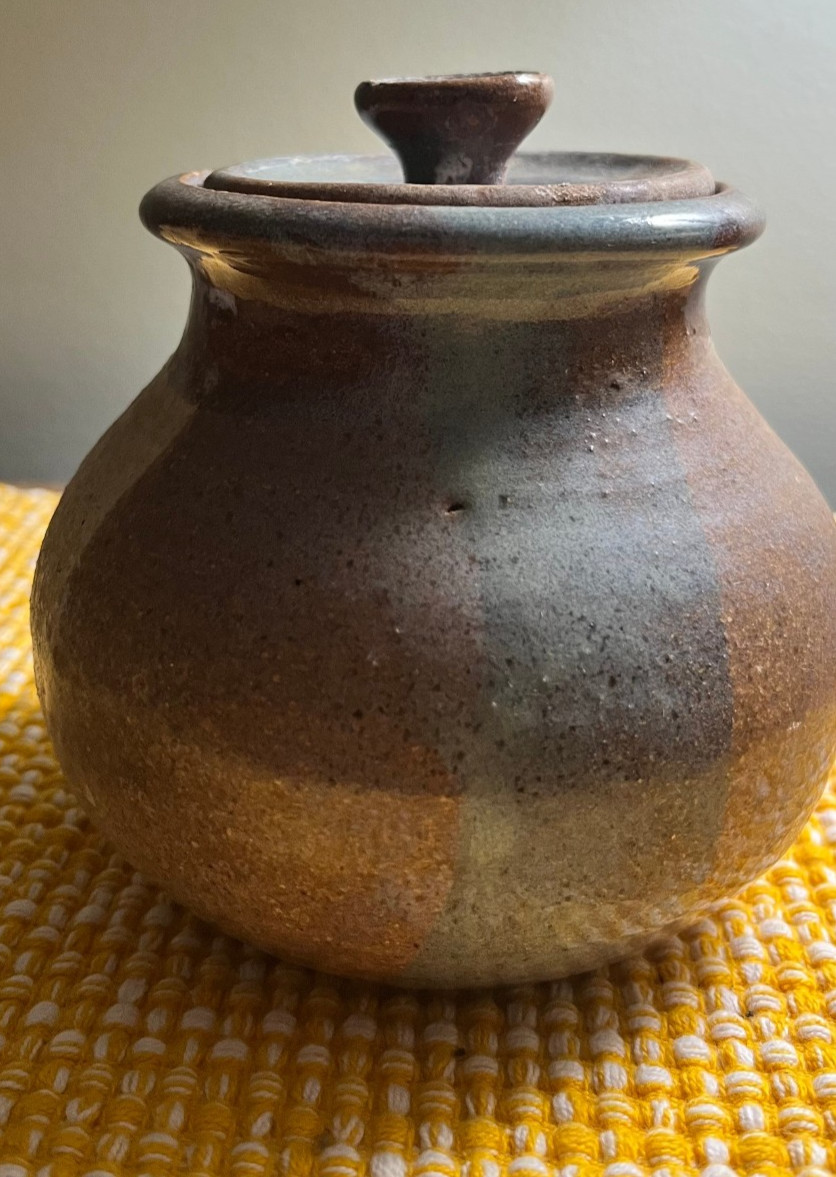 Stoneware Pottery Lidded Ceramic Jar Colored w/Brown, Tan Grey Glaze