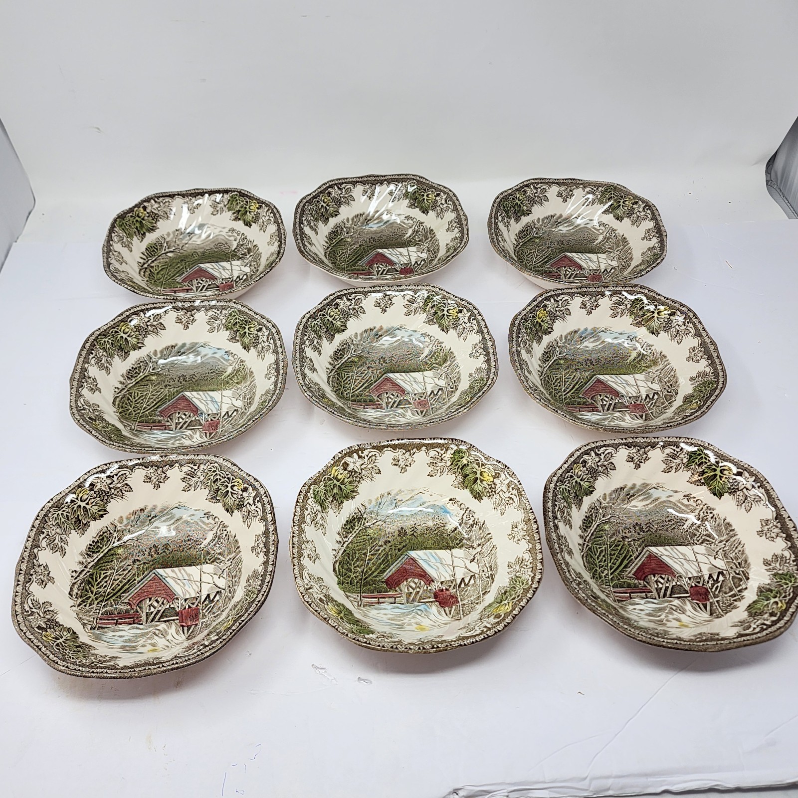 Friendly Village Johnson Brothers Covered Bridge Square Salad Dessert Bowl Set 9