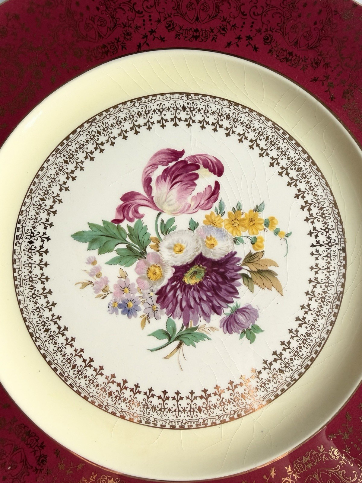 Vtg Steubenville China Dinner Plate Decorative Floral Design, Red & Gold Border