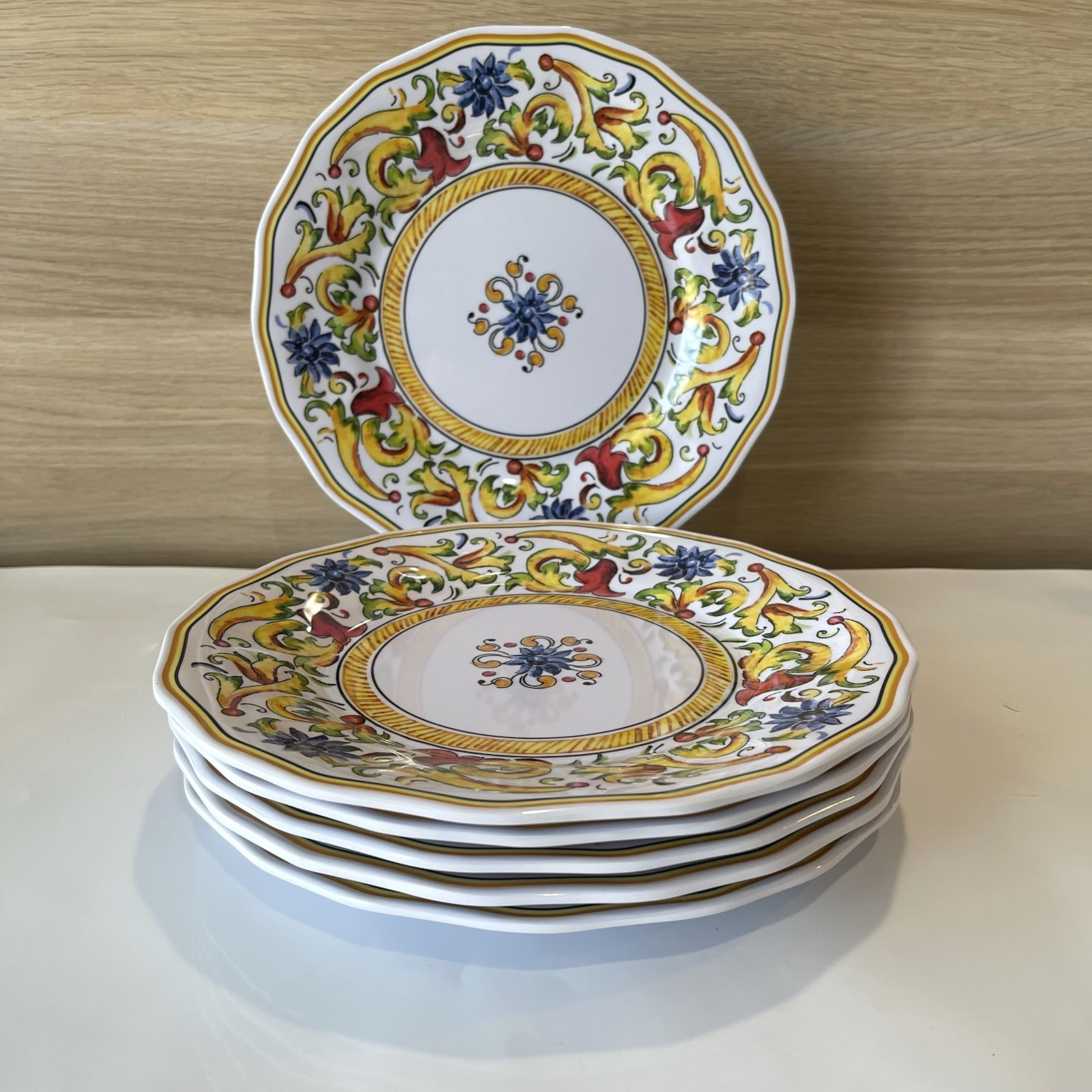 Sur La Table Floreale Melamine Dinner Plates Set Of 6 Yellow Italian Scroll 11″