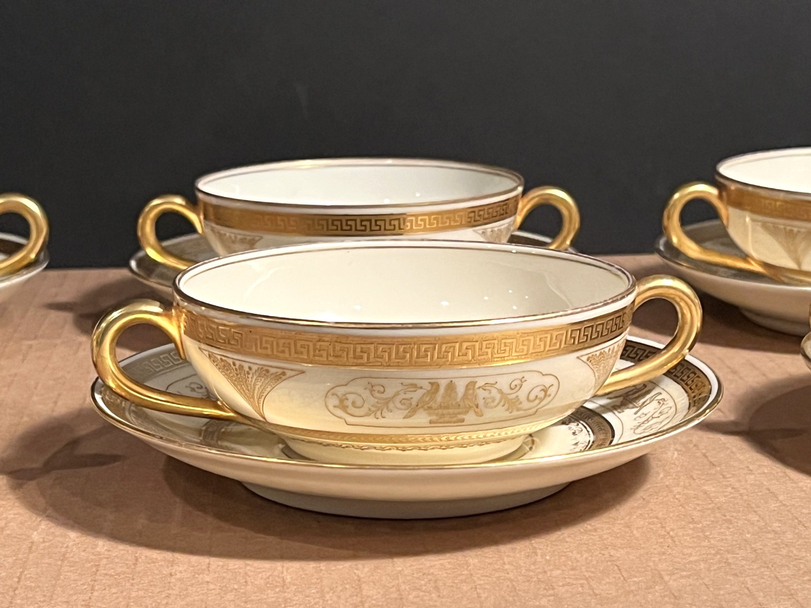 Antique Pirkenhammer Gold Encrusted Bouillon Cream Soup Cups Saucers Set of Six