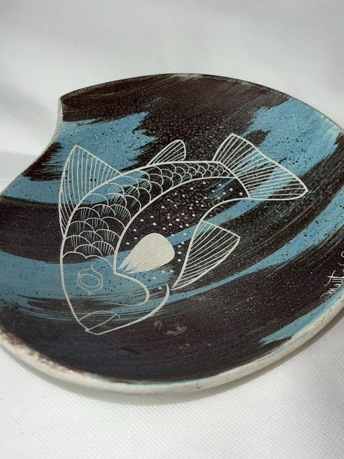 Vintage Asymmetrical Decorative Bowl Signed Matthew Adams MCM Salmon Fish Design
