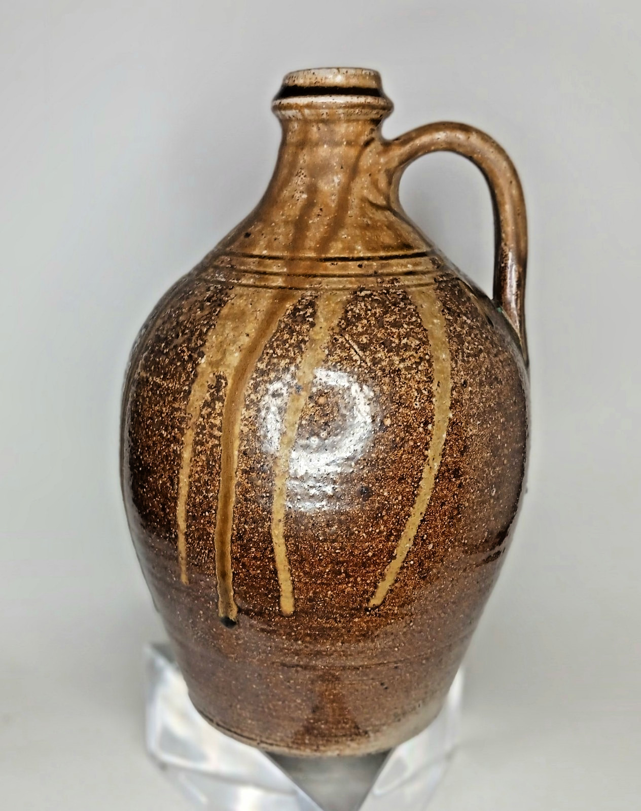 10” Jugtown Pottery Signed PAMELA OWENS Drip Glaze Stoneware Jug Brown. 1998
