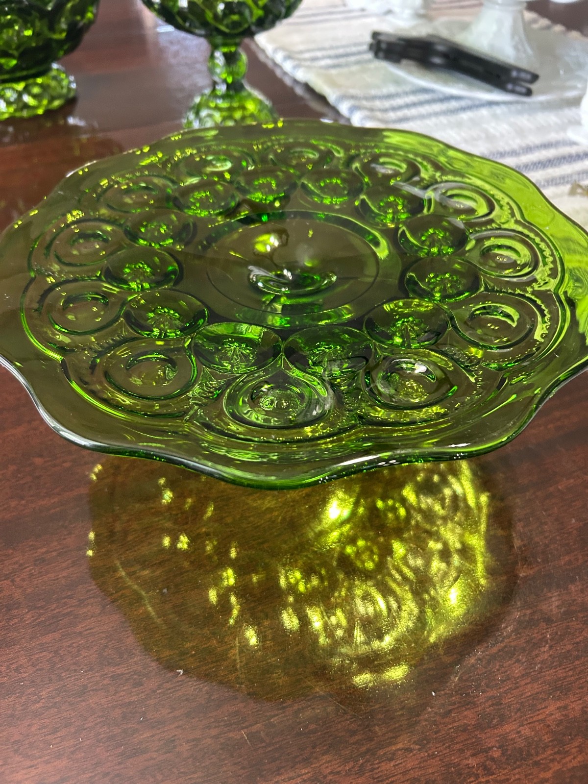 Vintage 4pc L.E. Smith Green Moon & Stars Set Cake Pedestal 2 Bowls 1 Compote
