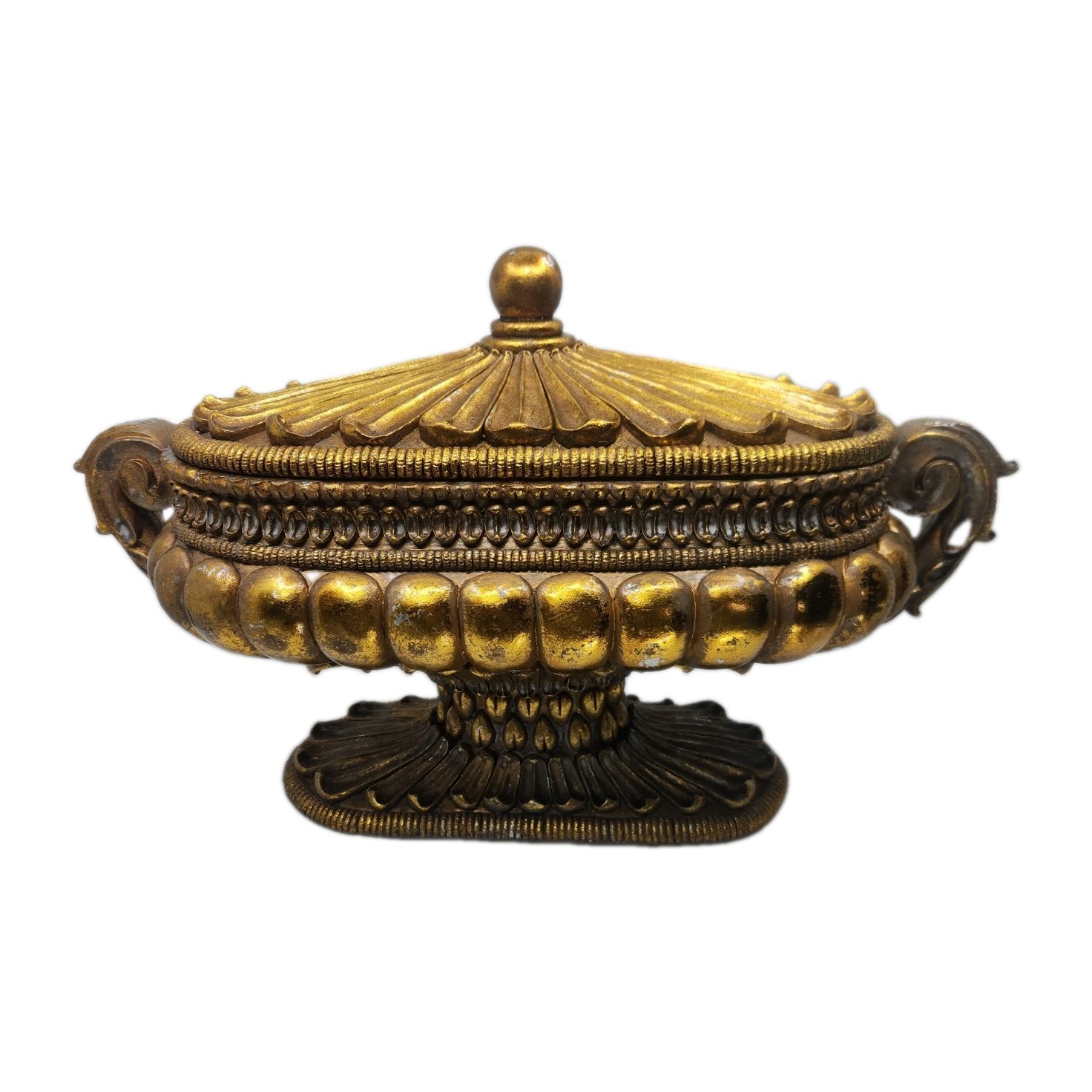 Large Hollywood Regency Gold Covered Tureen Urn Centerpiece Pedestal Bowl 21″