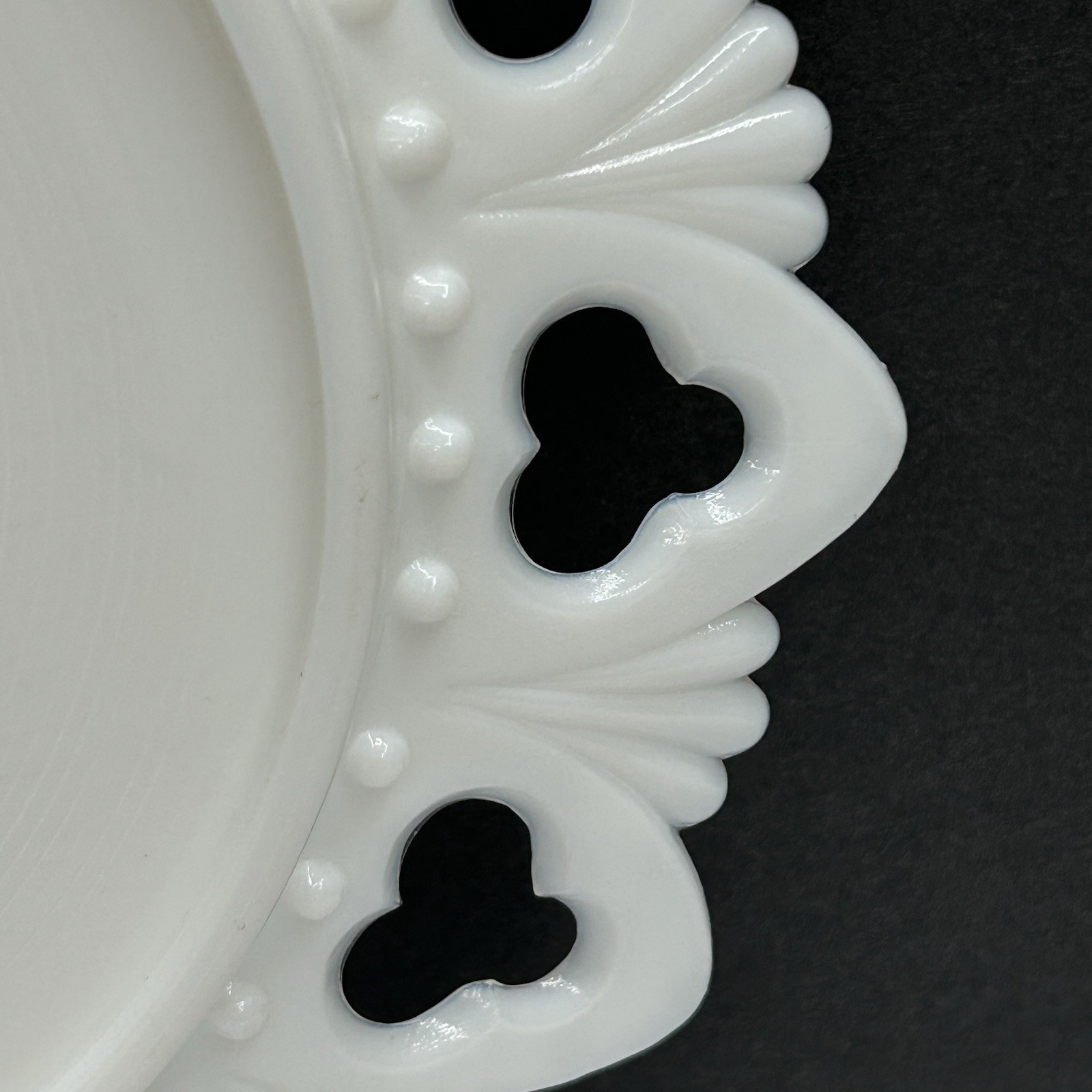 Kemple Milk Glass Plate “Shell & Club” Open Lace Border with Fruit Transfer VTG