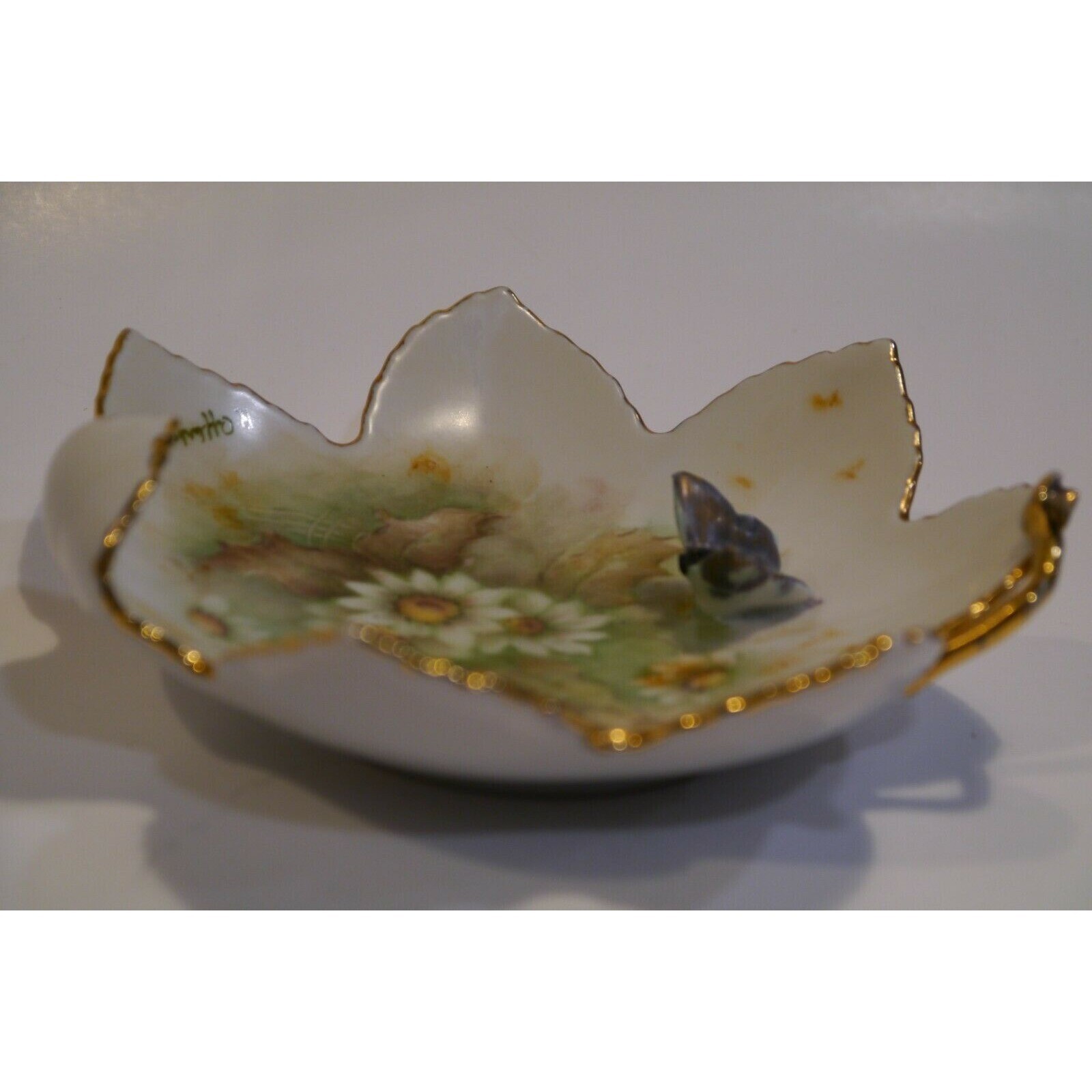 Trinket Dish Hand Painted Porcelain Flower Applied Raised Butterfly signed Vntg