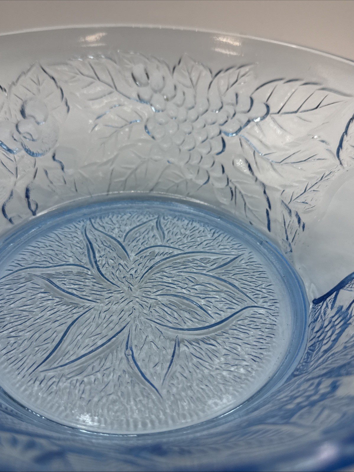 Glass Serving Bowl Ice Blue KIG Indonesia VTG 8.5″ Flower Fruit Apple Pear Grape