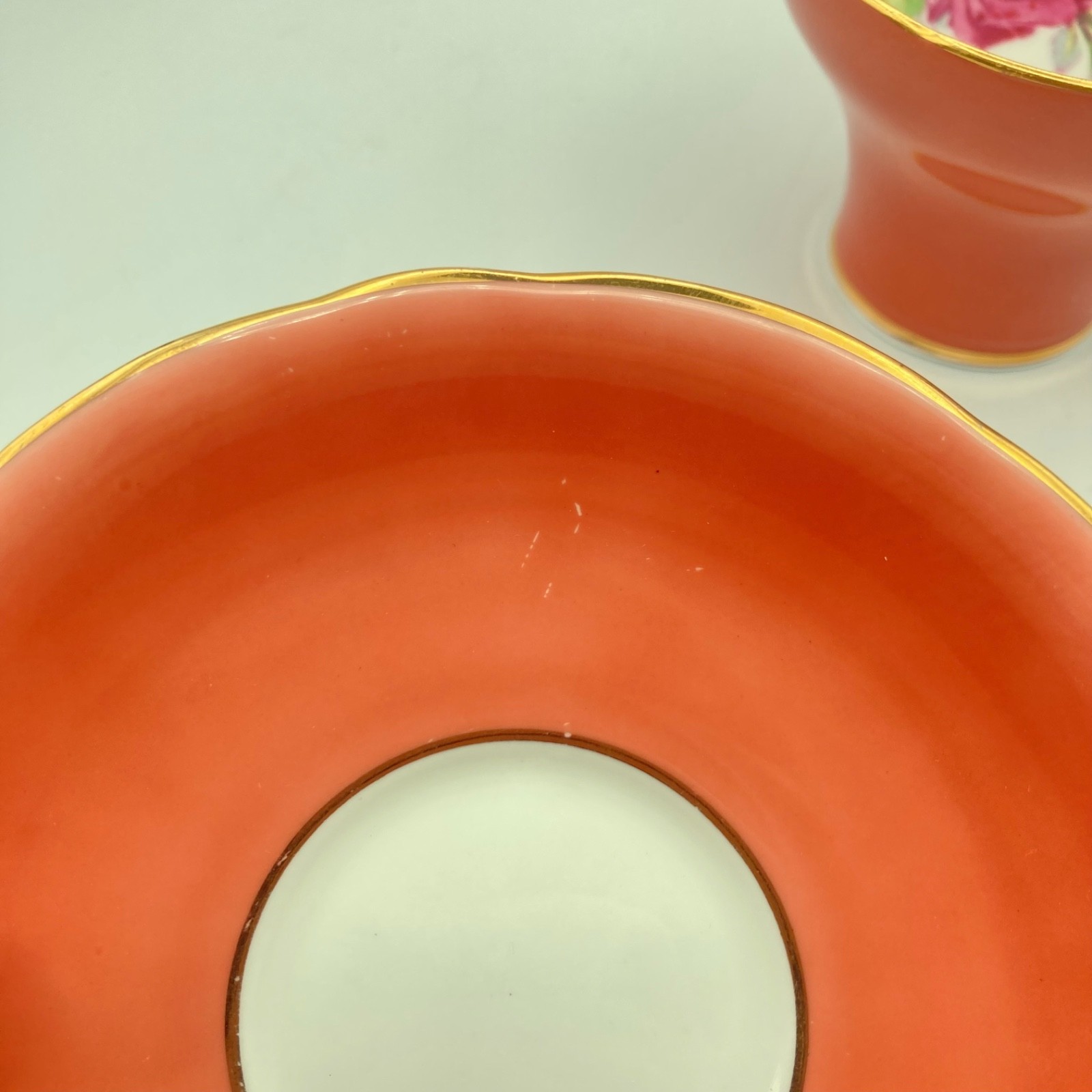 Cabbage Rose Tea Cup & Saucer Aynsley Coral Bone China England Gold Trim