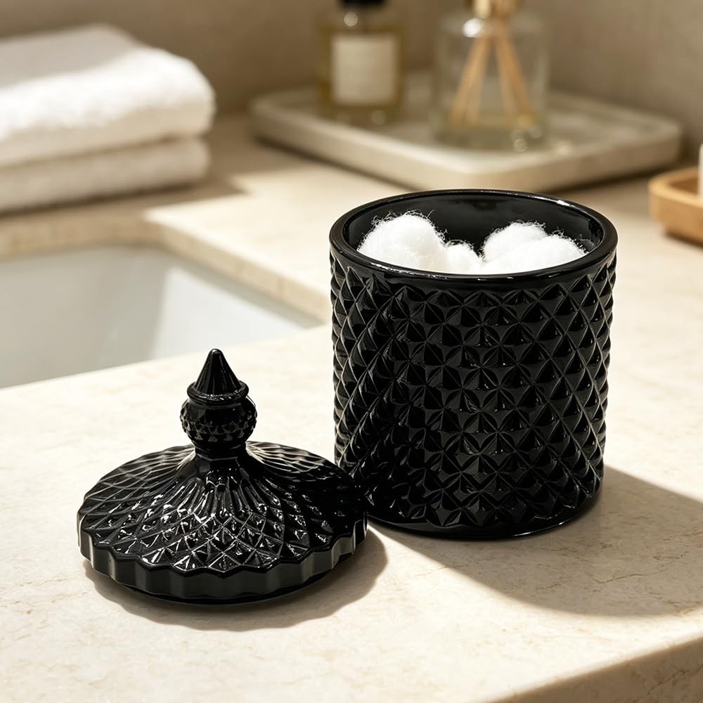 10 oz Black Glass Candy Dish with Lid-Decorative Display Jar for Q-Tip Holder…