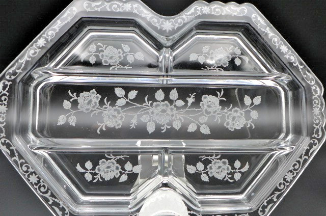 Vintage Fostoria MCM Etched Midnight Rose Glass Relish Tray 5 Compartments