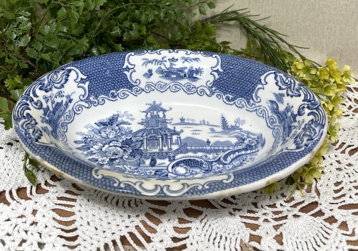 Allertons Chinese Blue Oval Serving Vegetable Bowl Pagodas 9 In OLD Back Stamp