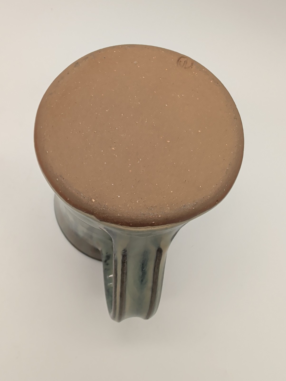 Studio Pottery Hand Thrown Stoneware Hourglass Mug Green Copper Drip Glaze