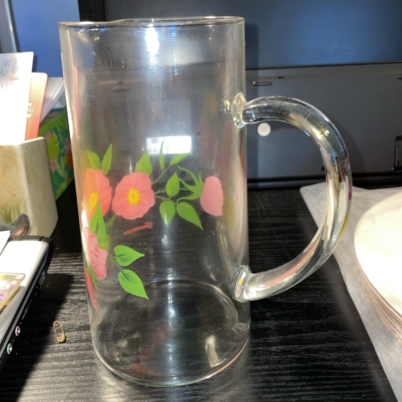 Vintage Franciscan Desert Rose Clear Glass Pink Flower 7.75 in Cocktail Pitcher