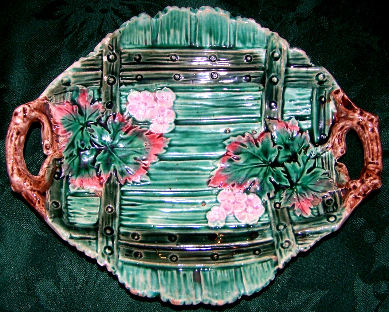 Gorgeous 1894 Nearly 11″ Wide Fences & Leaves Colorful Majolica Handled Tray