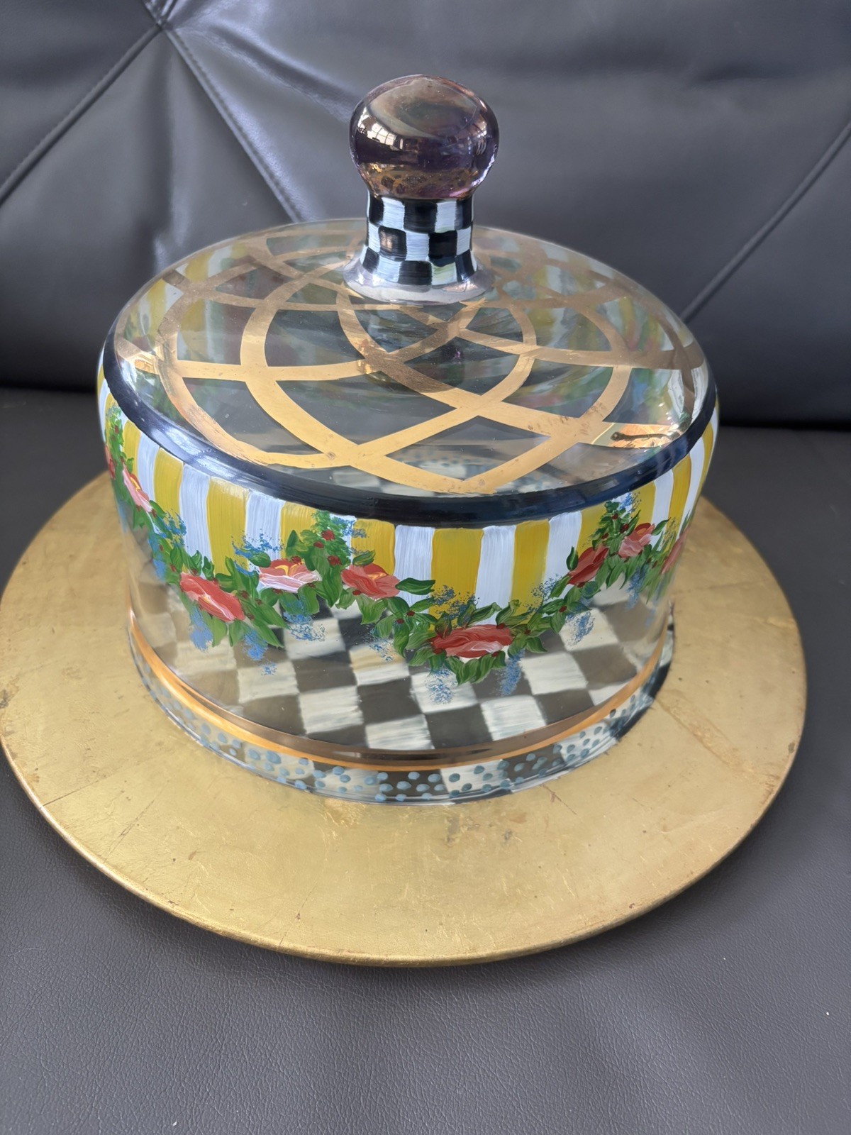 Mackenzie Childs Courtly Check Circus Glass Cake Dome and Wood Underplate