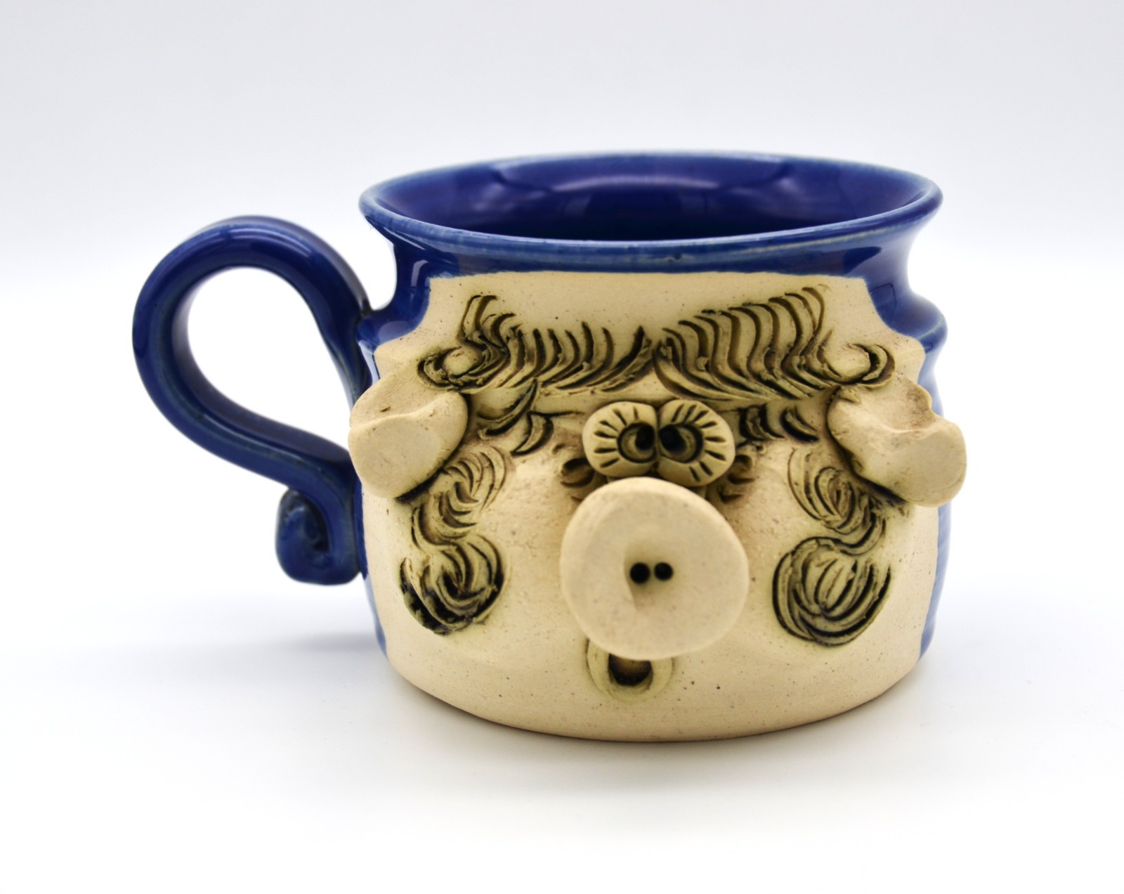 Vintage T. Bradford Signed Pig Face Stoneware Mug Blue Folk Art Pottery Handmade