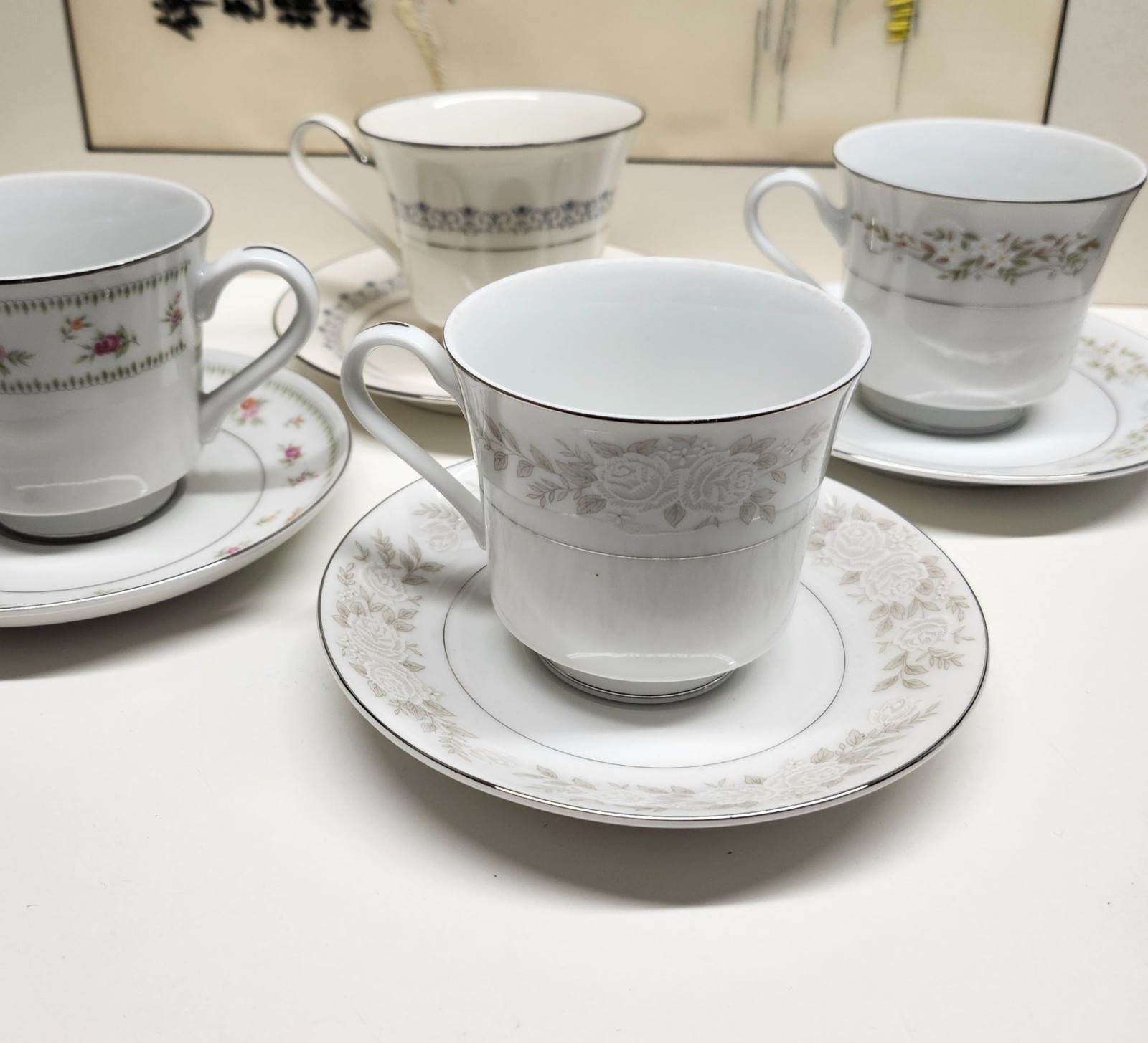 Mismatched China Tea Cups & Saucers Soft Floral Designs 4 Sets
