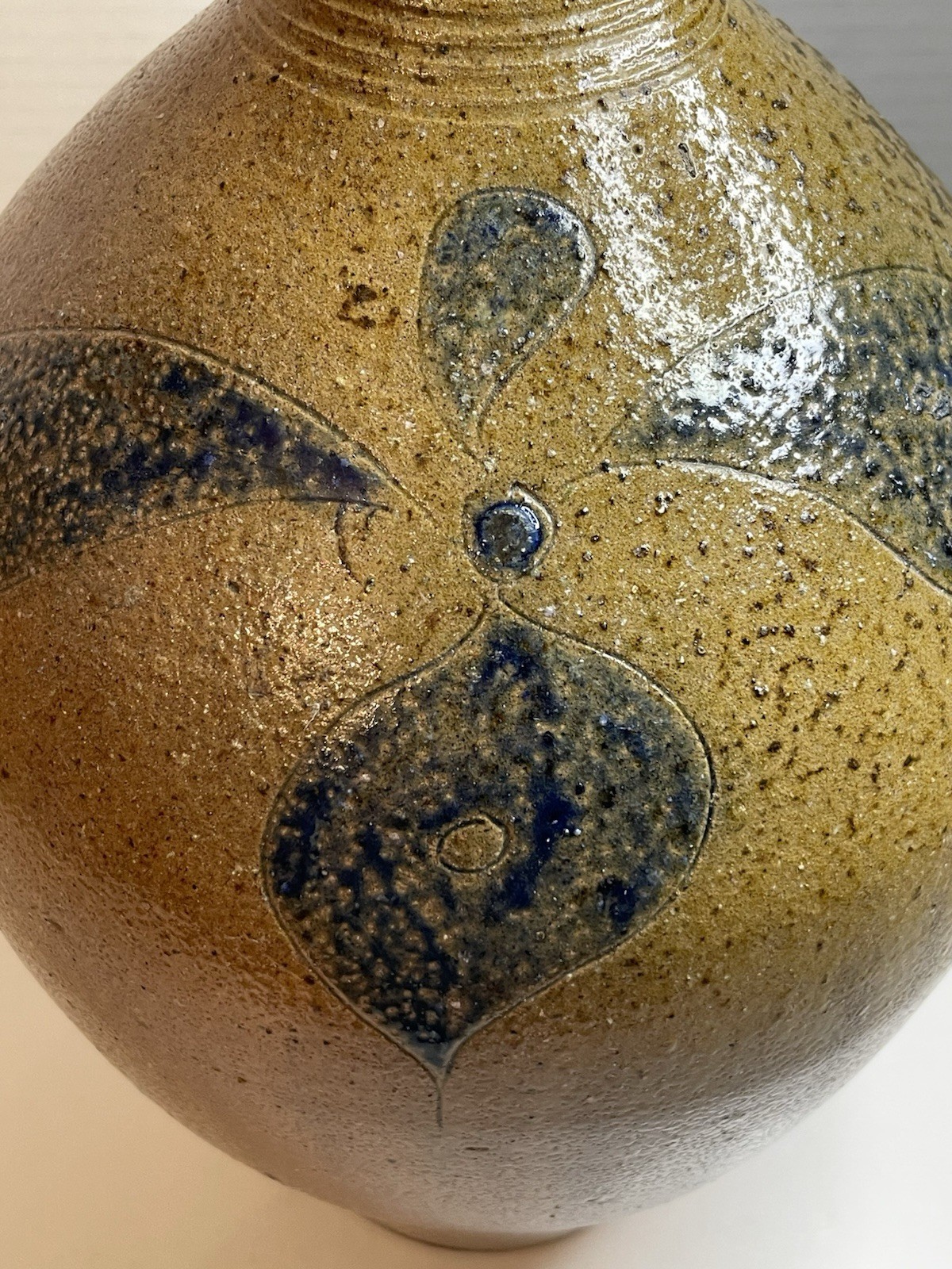 Vintage Large 12.5” Mark Hewitt North Carolina Pottery Jug Incised Cobalt Flower