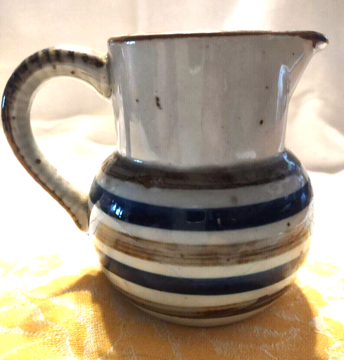 4″ Pottery Pitcher Ceramic Unmarked Grey Blue Brown Stripes Glaze Earthenware