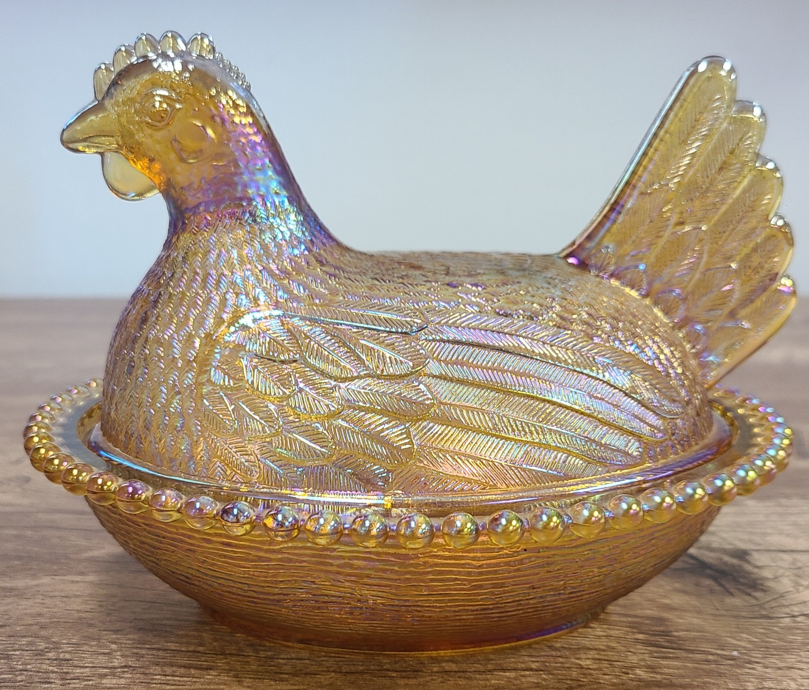 Indiana Glass Hen On Nest Iridescent Gold Carnival Vintage
