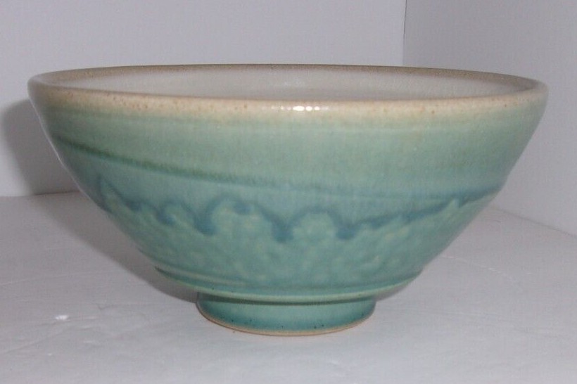 Signed Art Pottery Bowl Blue Gray Drip Glaze Tan Swirl & Leaf Inside