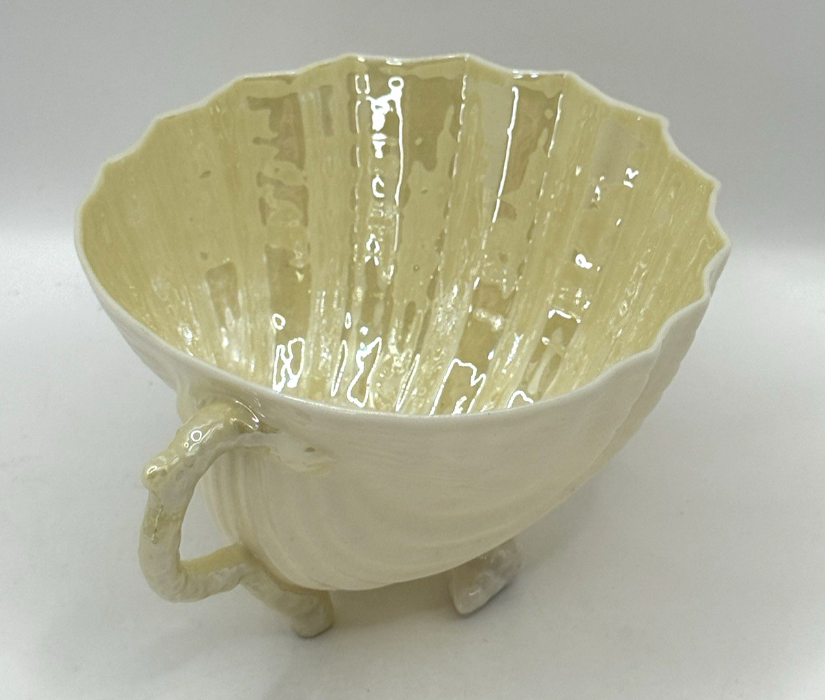 Belleek Neptune Shell Footed Cup and Saucer Yellow Ireland ~ Green Mark