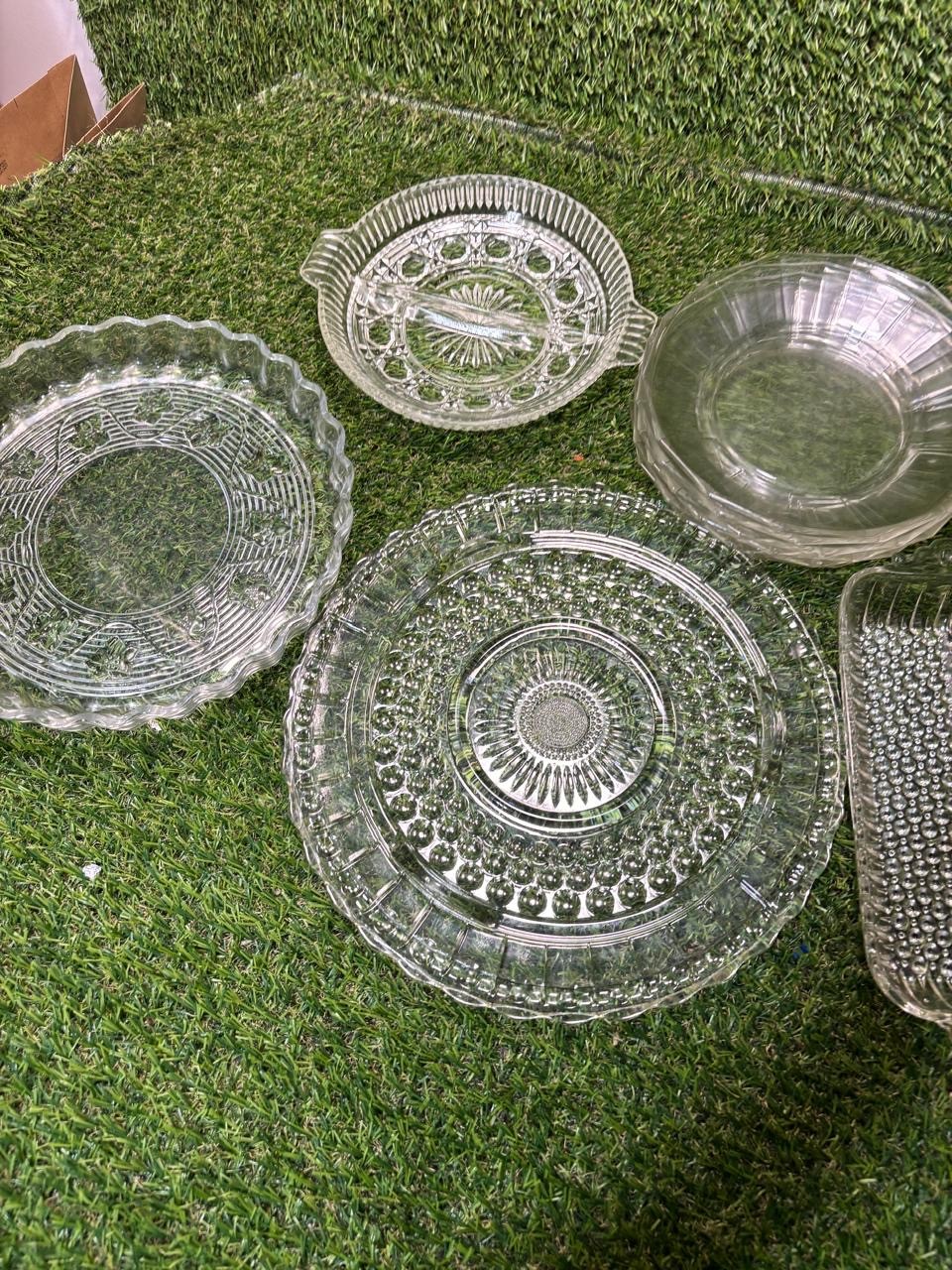 Vintage Clear Glass Serving Lot 10 Pc Plates Relish Tray Pie Plate Bubble USA