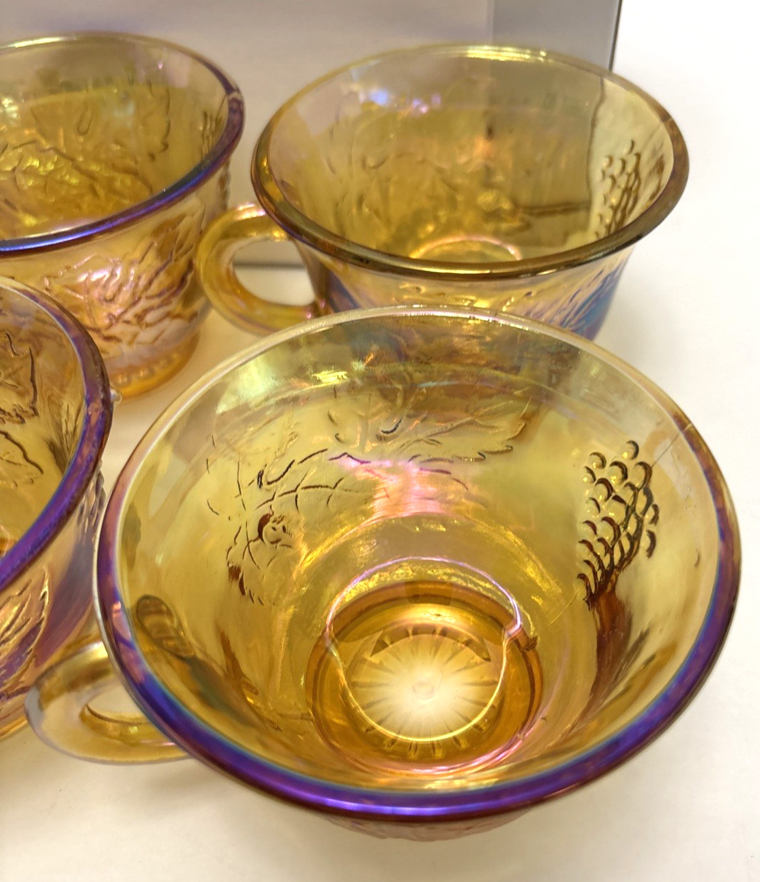 12 Indiana Carnival Glass Iridescent Gold Harvest Punch Bowl Cups w/ Hooks 6 oz