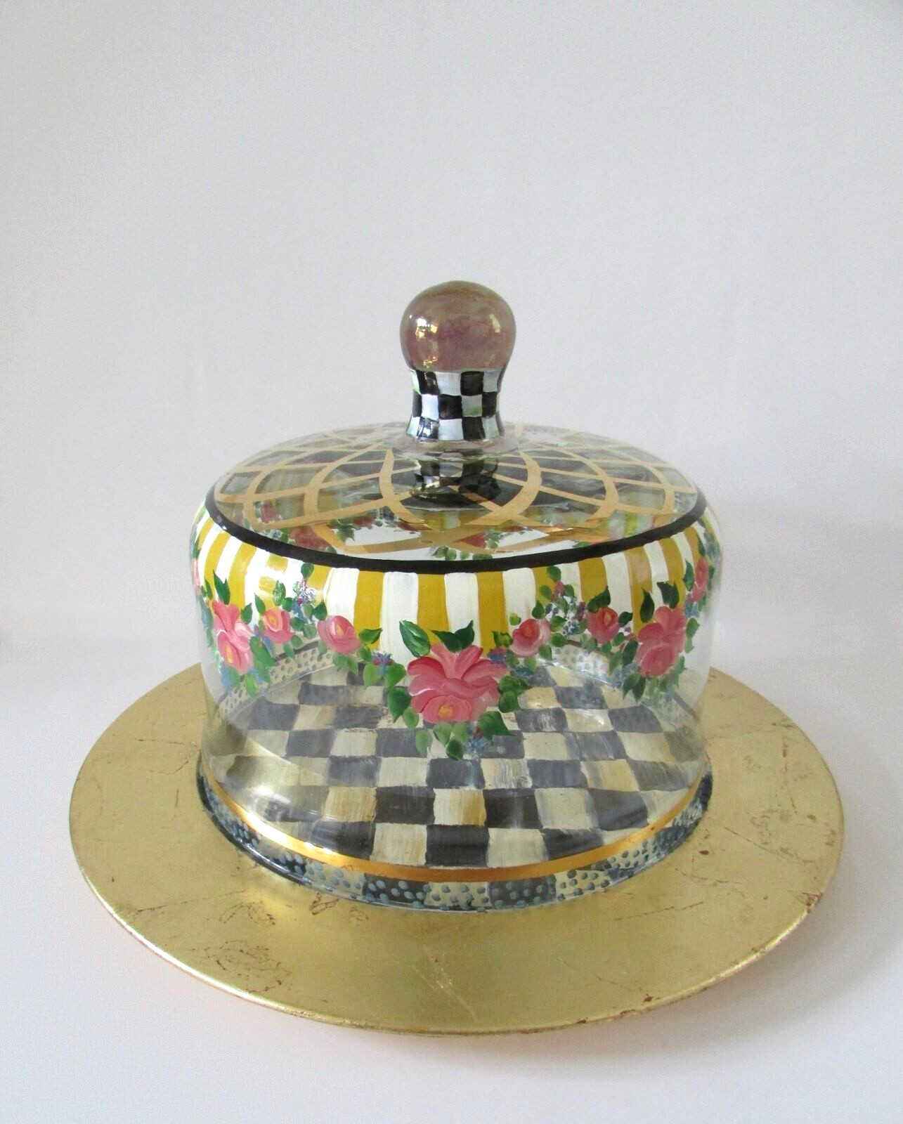 VTG Mackenzie Childs Courtly Check Circus Glass Cake Dome & Underplate