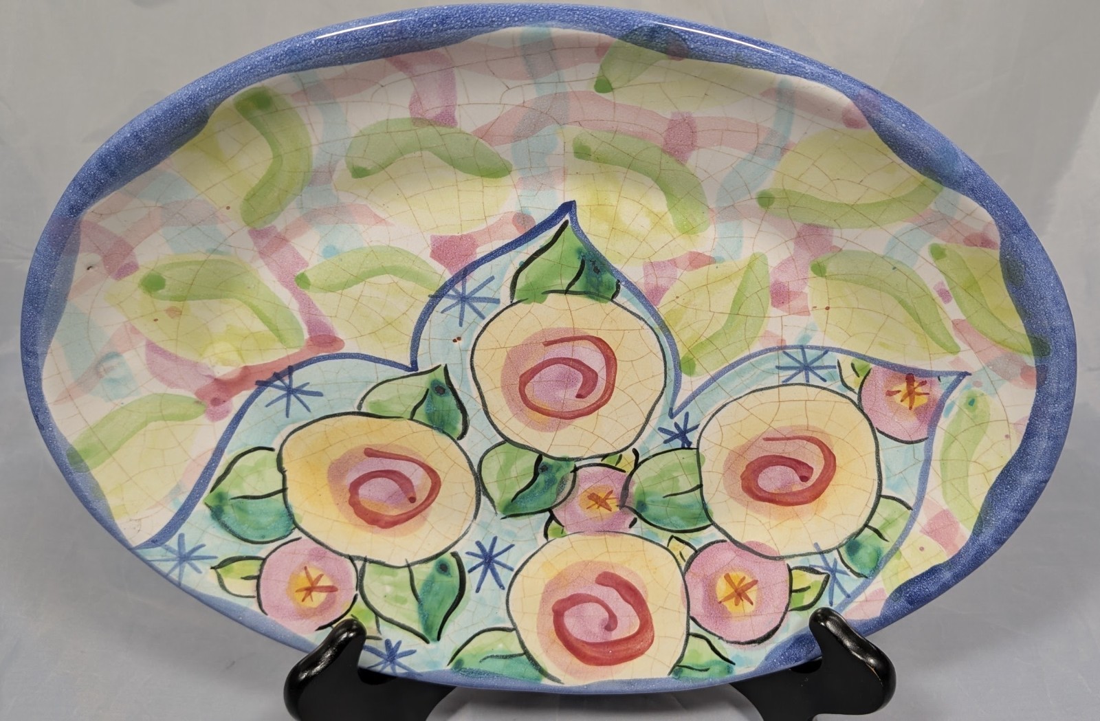 Damariscotta Pottery Platter Floral & Leaf Design Majolica Crackle Glaze 1992