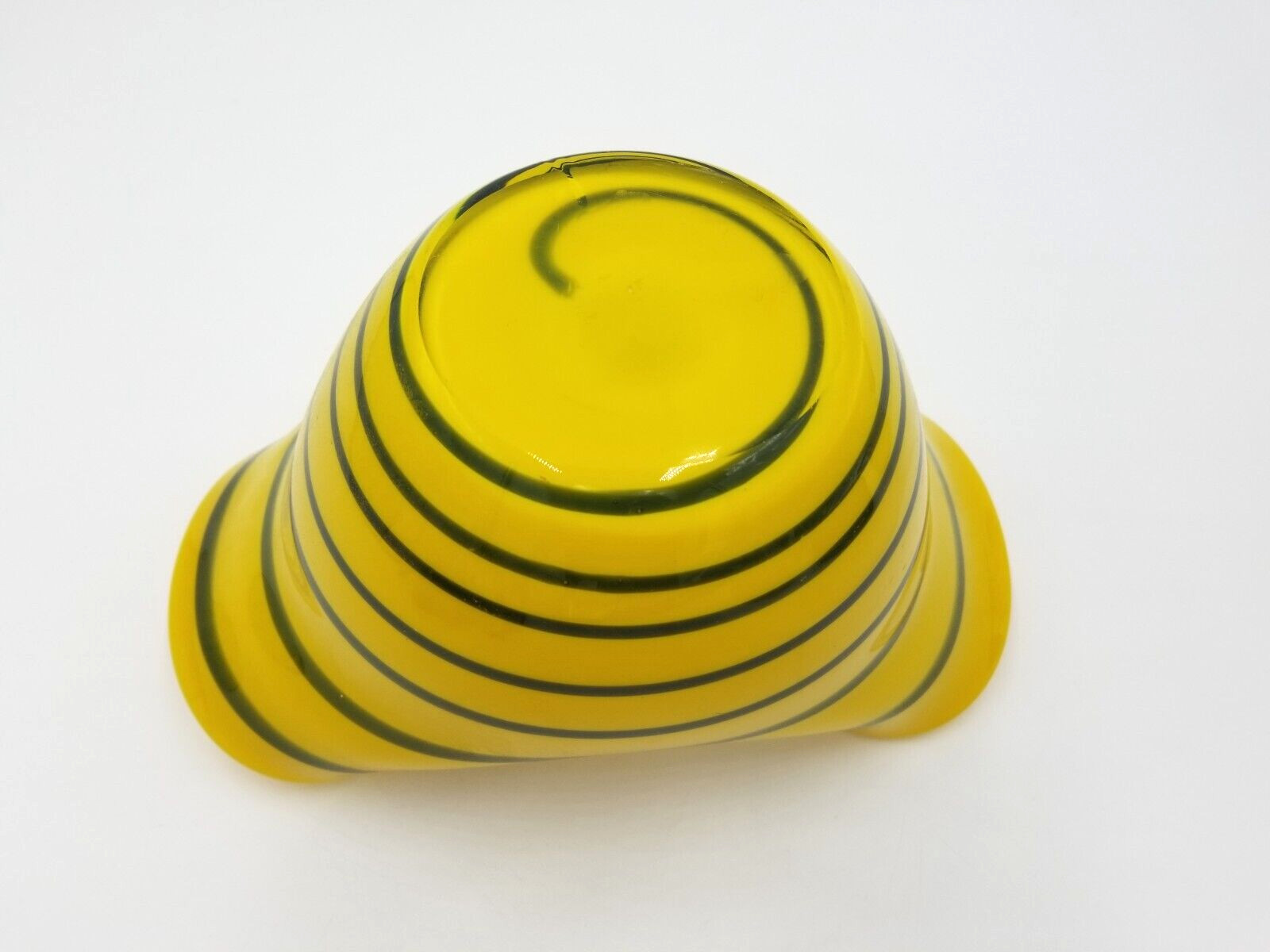 LARGE Art Glass Vase Hand Blown Yellow w Stripes Pinched Side Polished Pontil