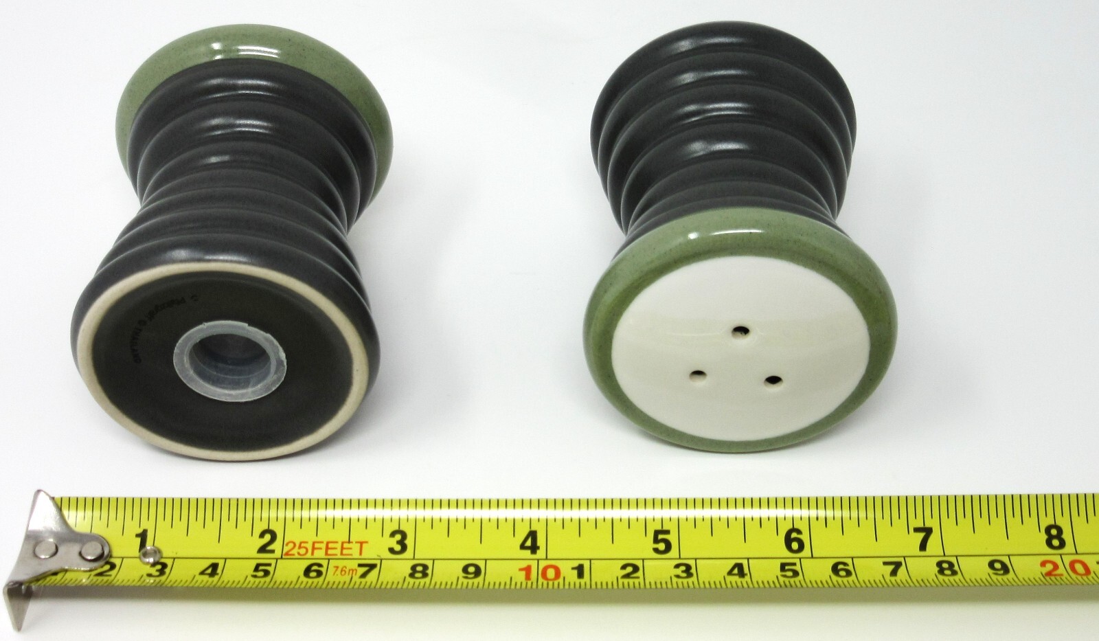 Pfaltzgraff Sphere Salt & Pepper Shaker Set charcoal grey w/ olive green & white