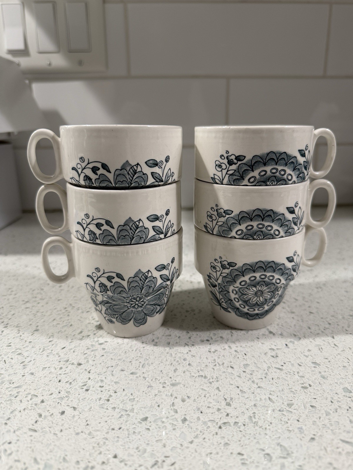 Parker Brothers Ltd Offbeat Blue White Royal Tudor Tea Cups Stackable Set Of 6