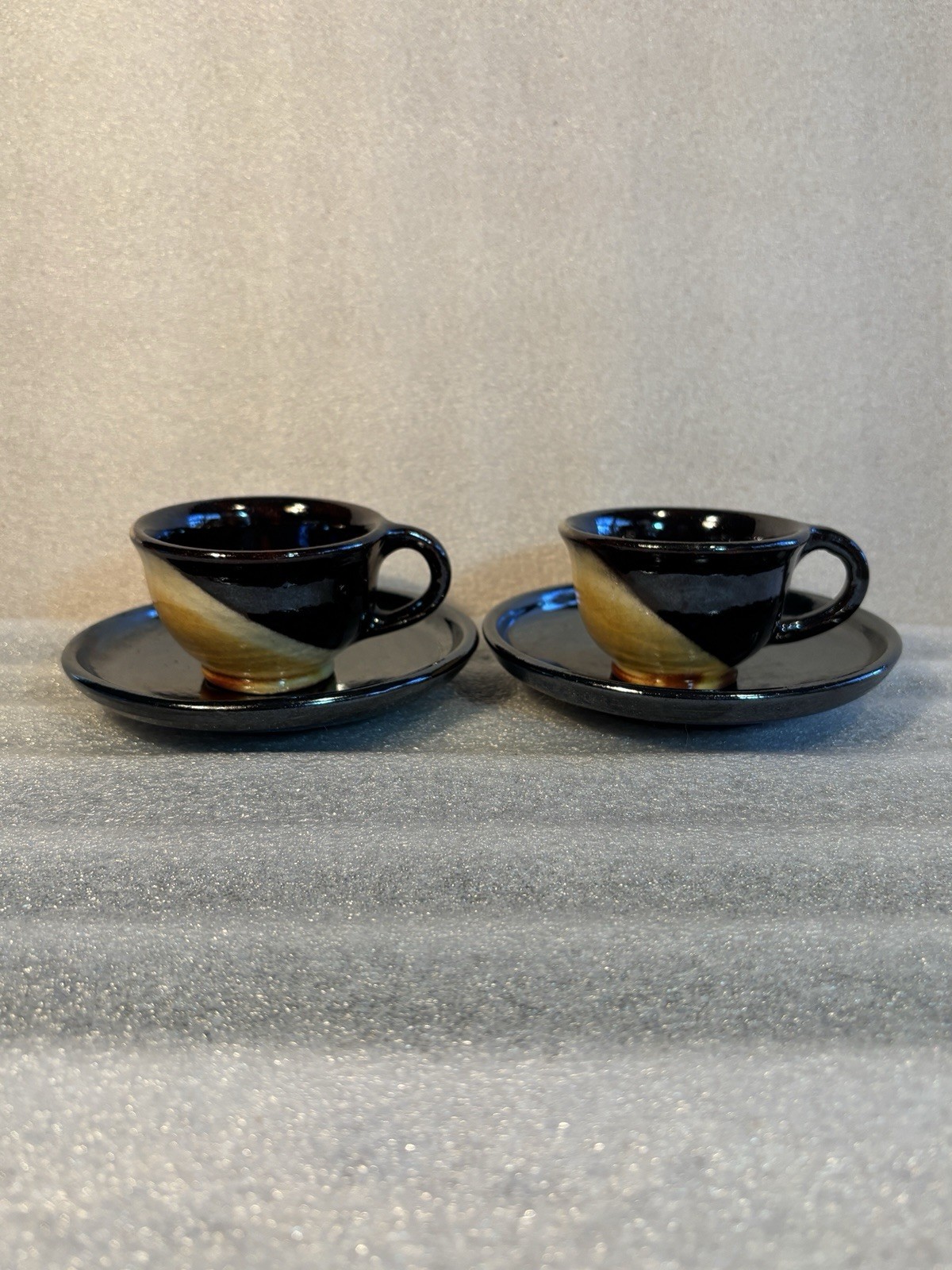 Studio Ceramic Pottery 2 cups & 2 Saucers Hand-Made Black Brown Yellow