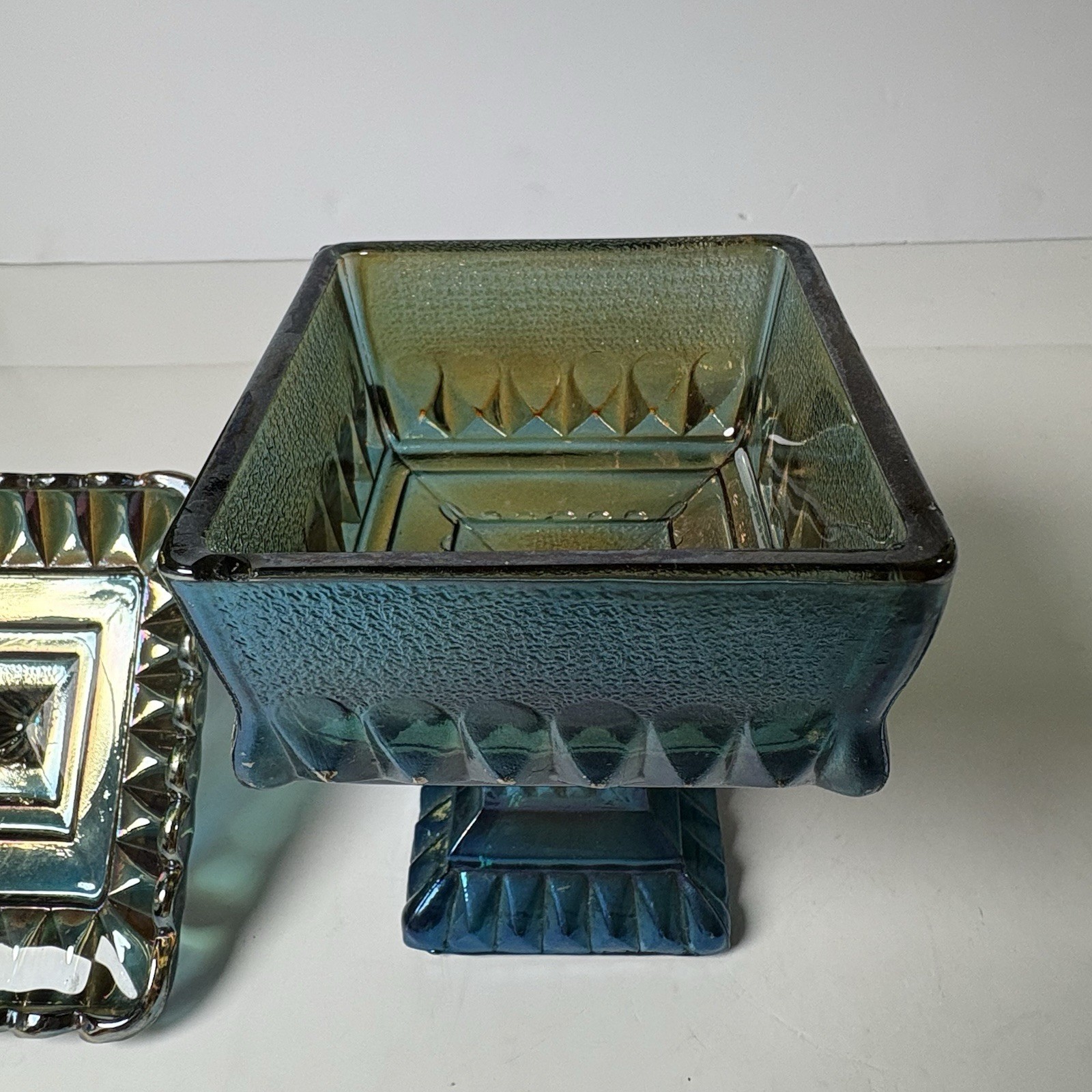 Vintage Jeannette Glass Wedding Cake Box Candy Dish Iridescent Blue Green 1960s