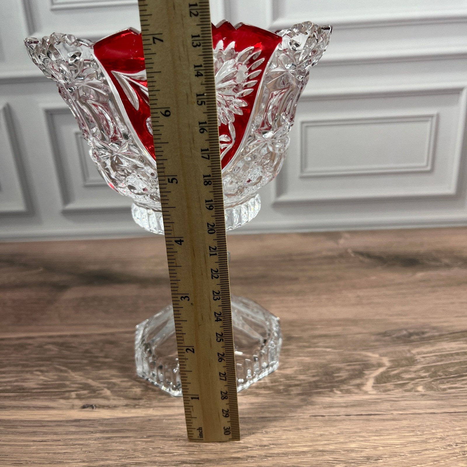Evita Crystal 3pc Bowl Vase Set Red Clear 24% Lead Crystal Ruby Cut to Clear