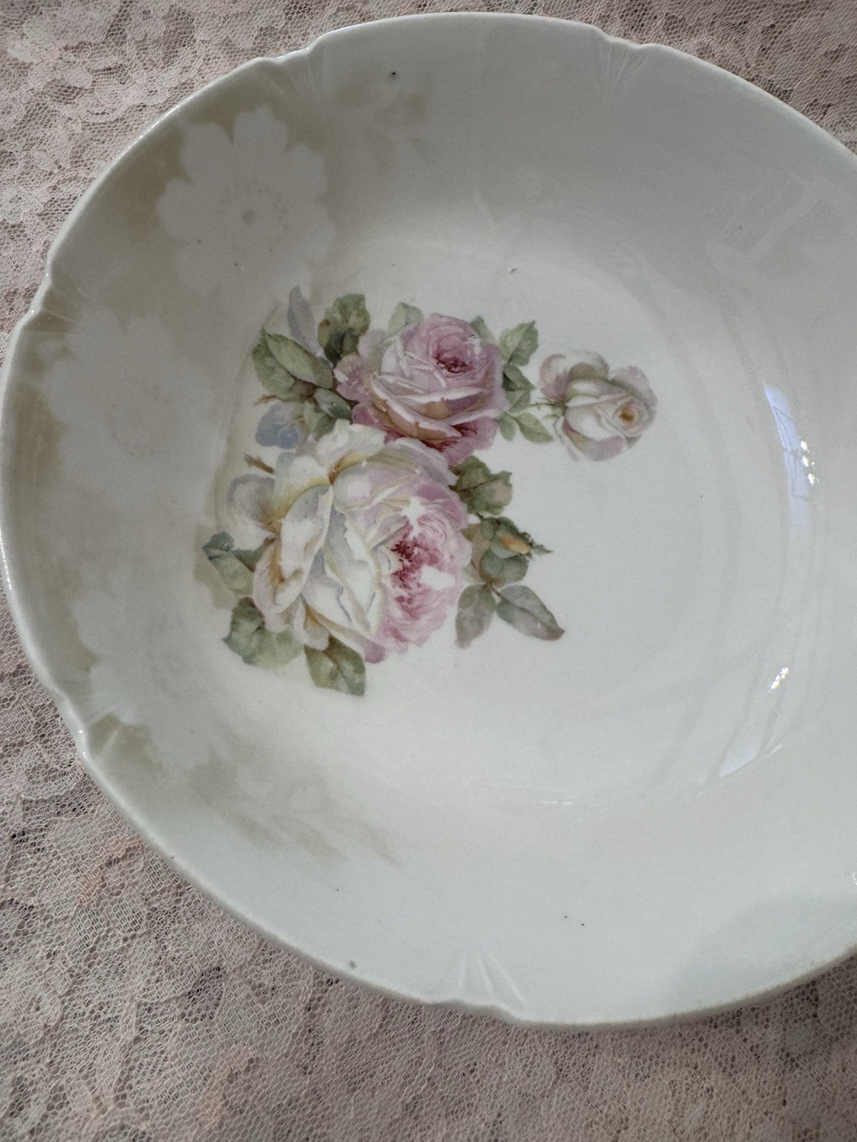 Haviland Porcelain Bowl White Pink Green Floral Rose Pattern Round Glossy