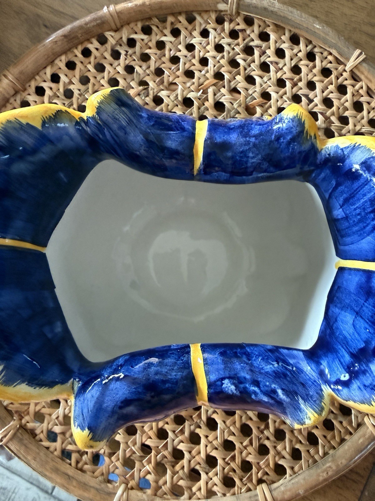 VTG ITALIAN HANDMADE POTTERY IRIS PITCHER MAJOLICA STYLE COBALT BLUE YELLOW