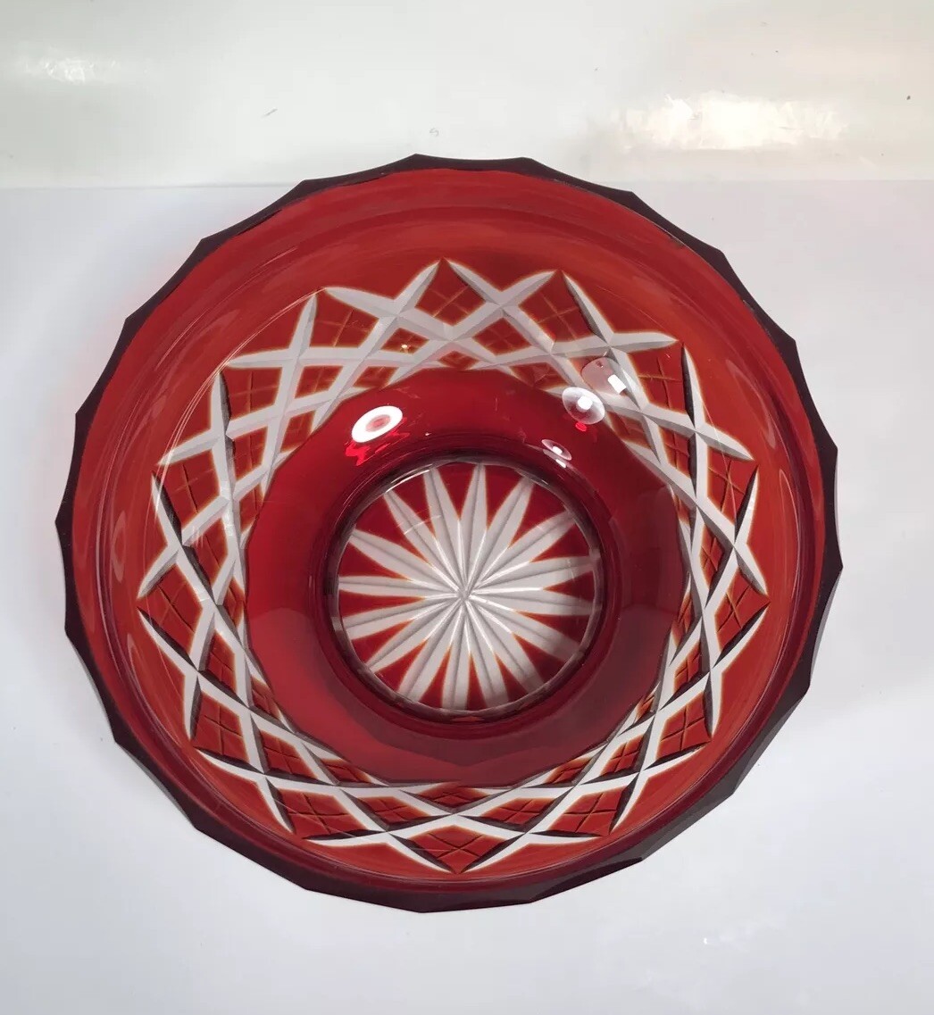 Ruby Red Cut To Clear Glass Footed Bowl Vase Decor 5.25 In Wide Vintage E25