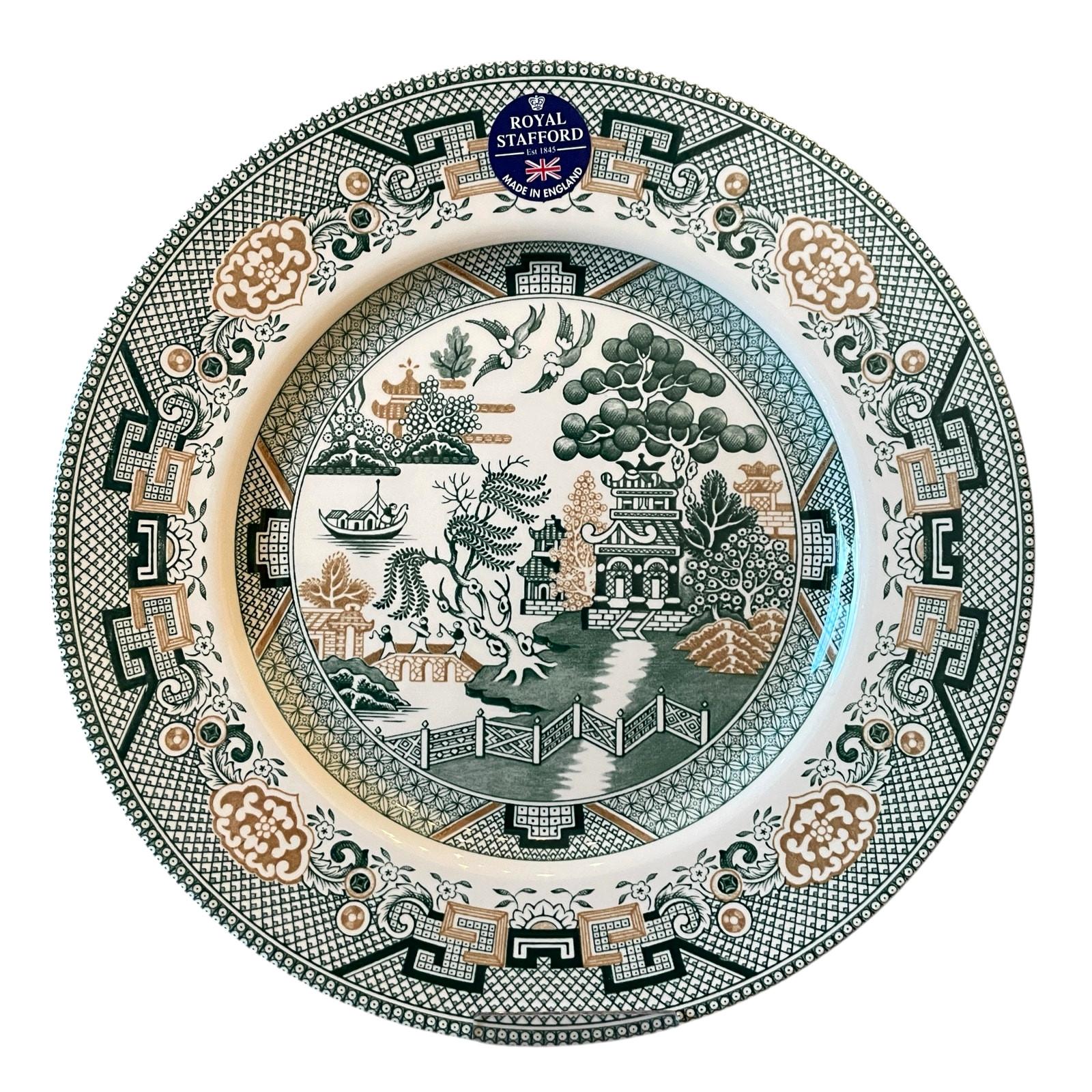 Royal Stafford Dinner Plates 11in Green & Gold Willow Pagoda Set of 4 New