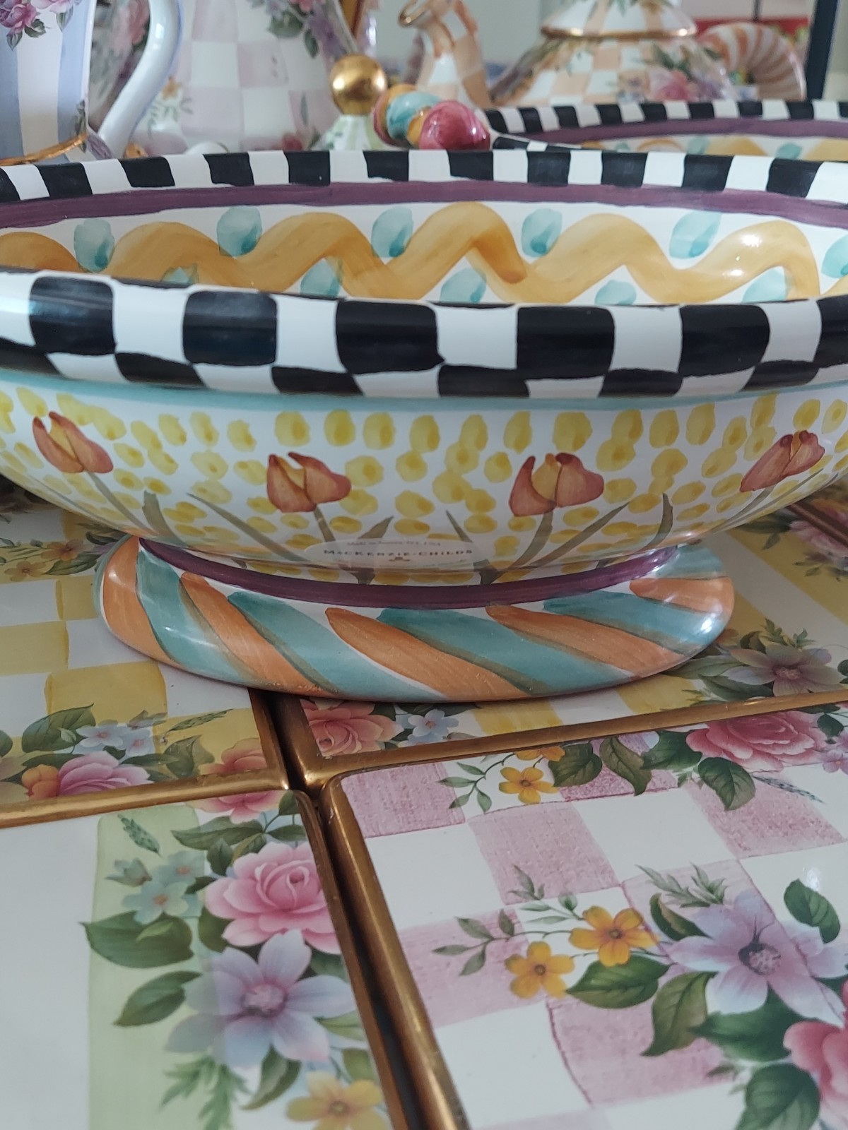 MacKenzie-Childs Taylor Odd Fellows Ceramic Footed Bowl With Courtly Check