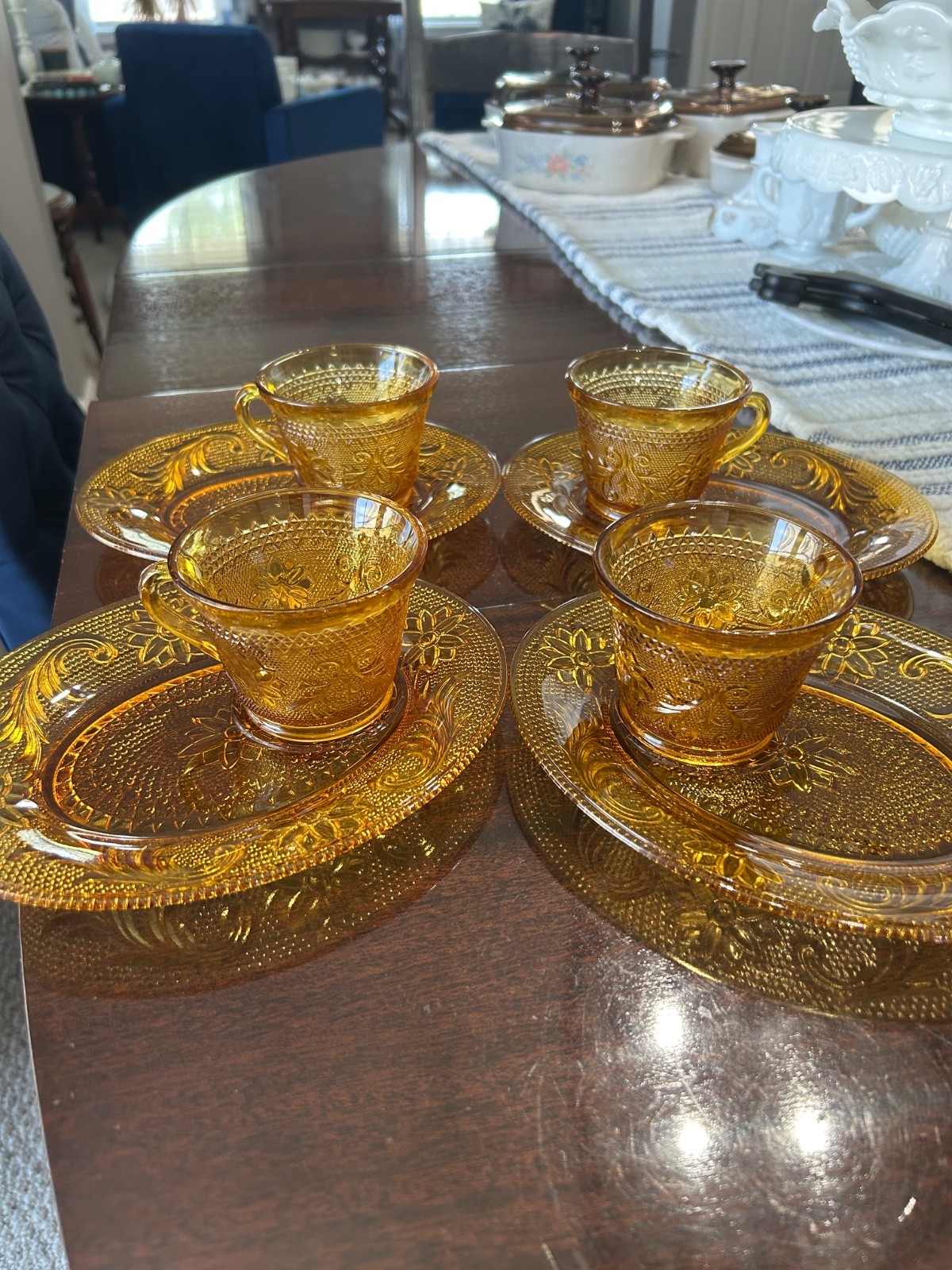 Vintage Indiana Glass Tiara Exclusives Amber Sandwich Pattern Snack Set of 4