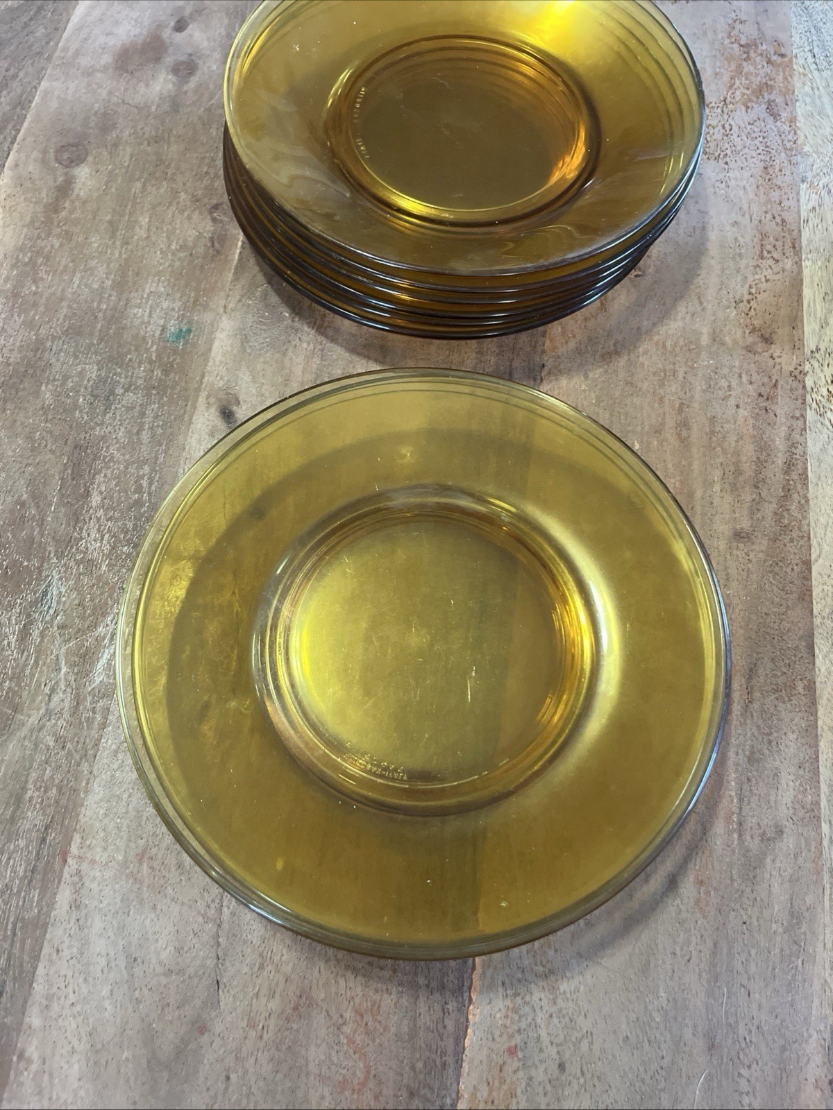 Vintage 1970’s Vitrosax Italy Amber Glass 7.25” Dinner Plates Set of 10