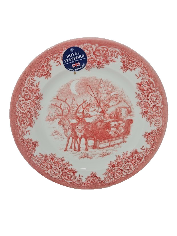 Royal Stafford Santa Sleigh Reindeer Christmas Red 8″ Set Of 4 Plates New