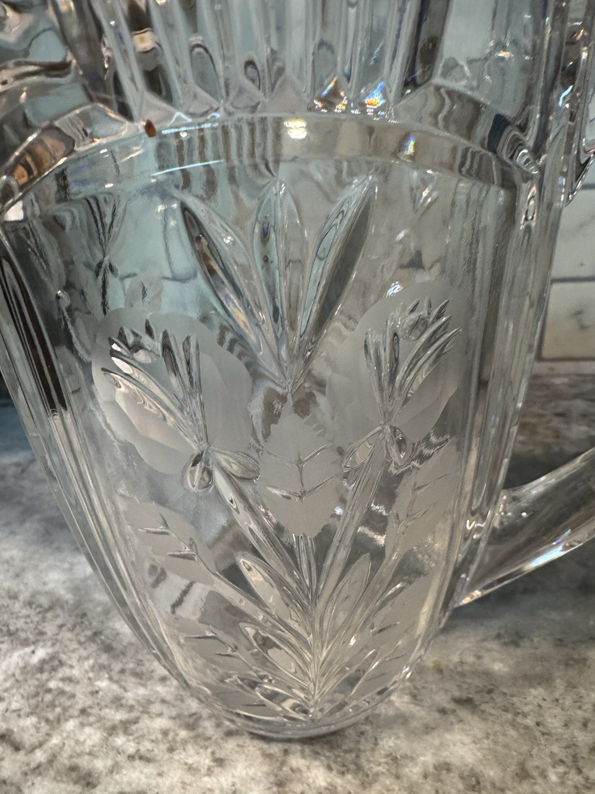 Vintage Crystal Glass Pitcher With Etched Flowers 9in Tall Thick Handle